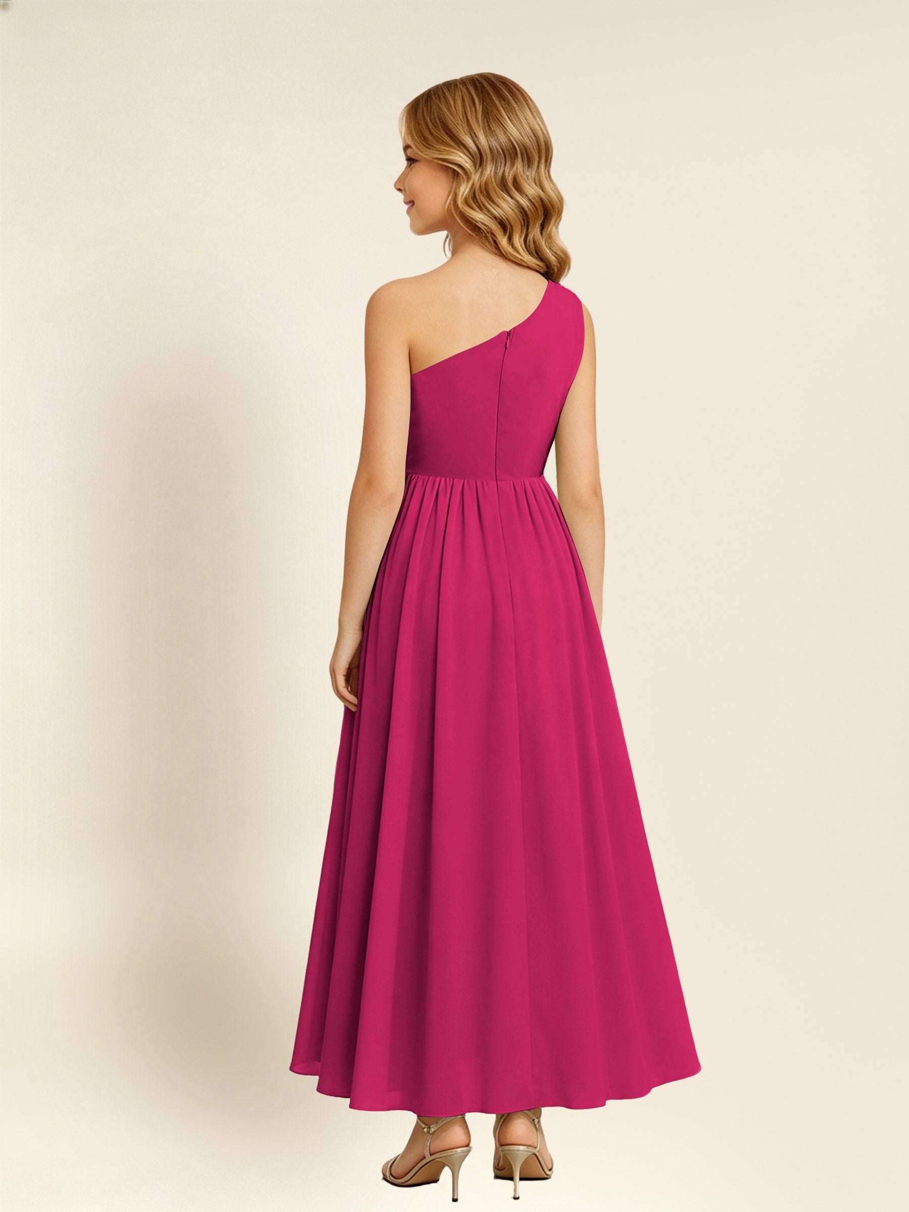 ROVDESY One Shoulder Twist Waist Chiffon Junior Bridesmaid Maxi Dress
