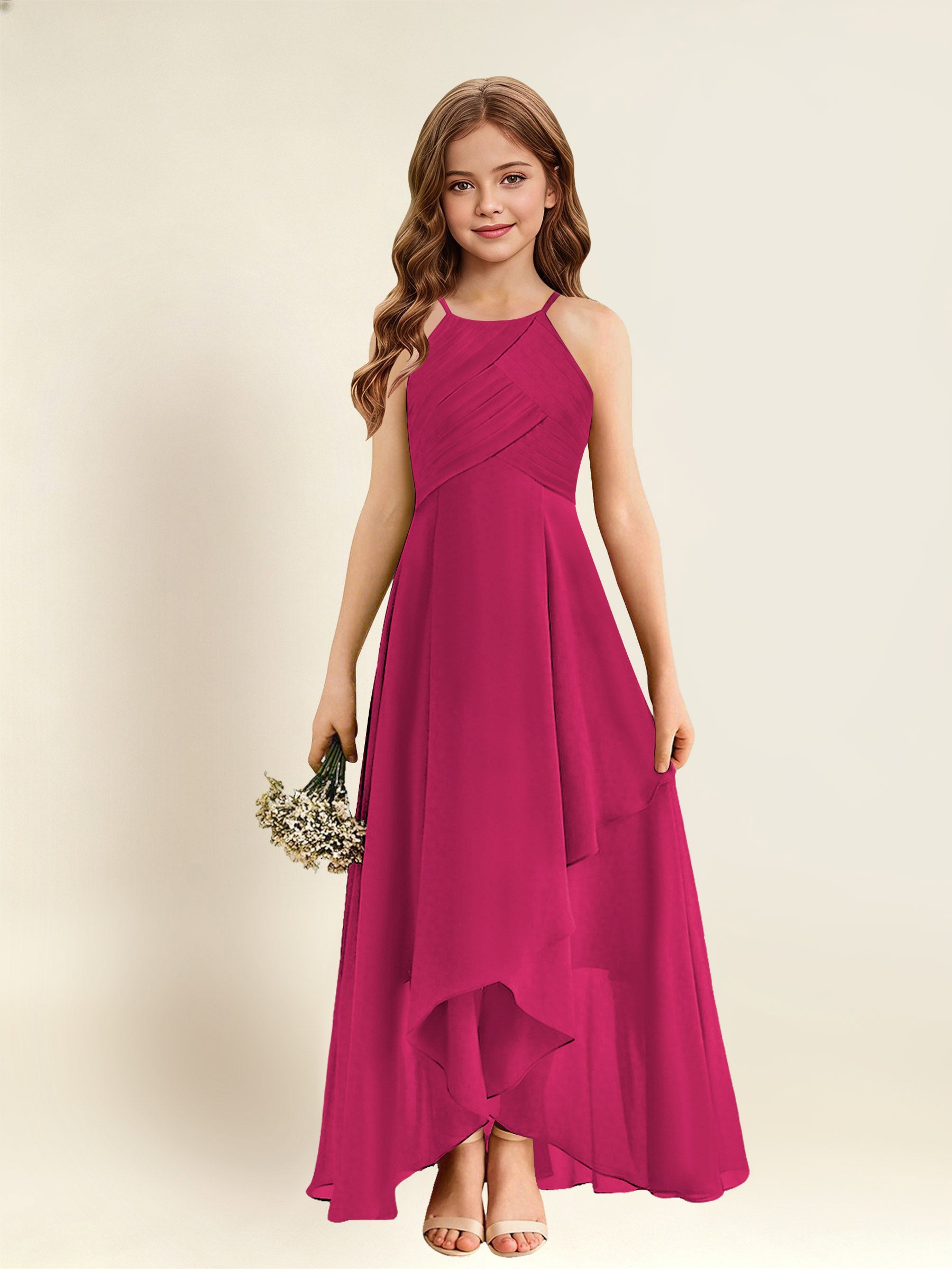ROVDESY A-Line Halter Pleated Chiffon Junior Bridesmaid Dress