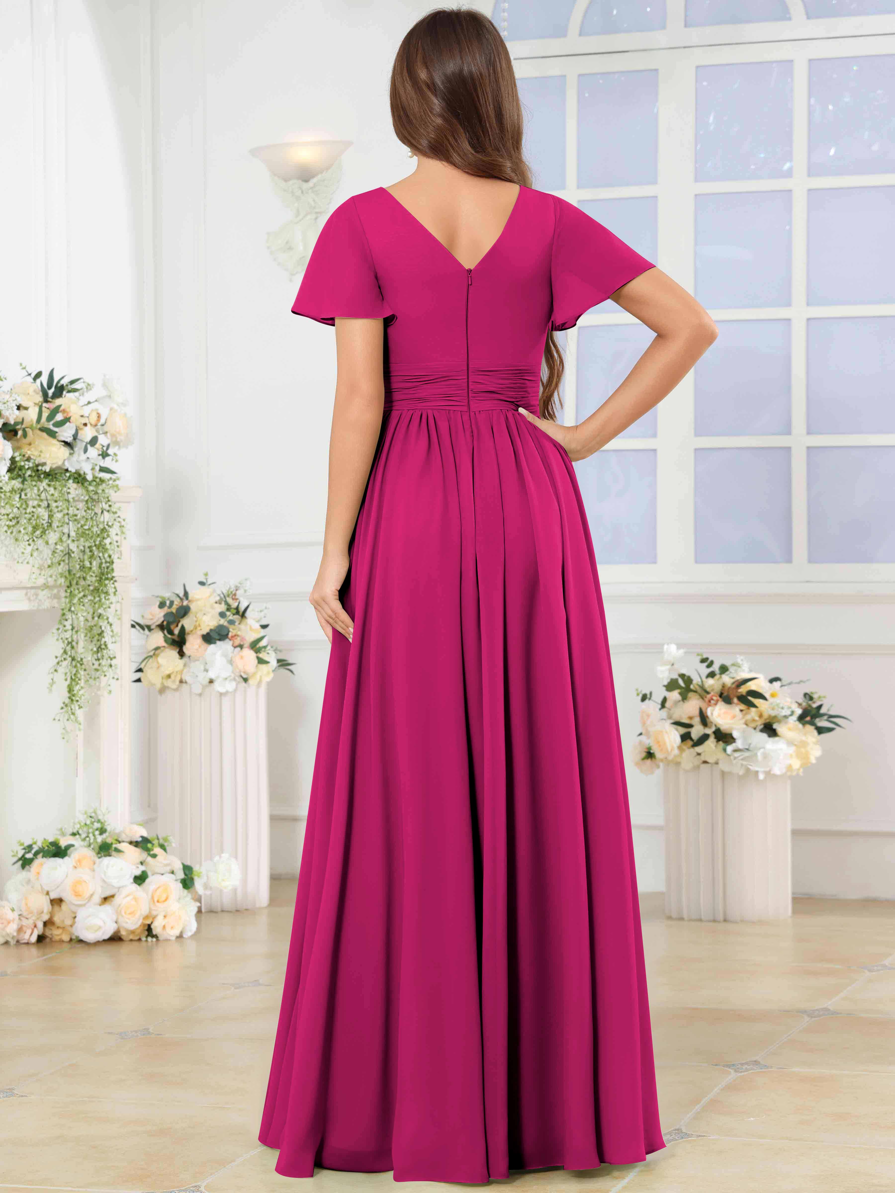 ROVDESY A-Line V-Neck Slit Pleated Ruffle Chiffon Bridesmaid Dress With Short Sleeves