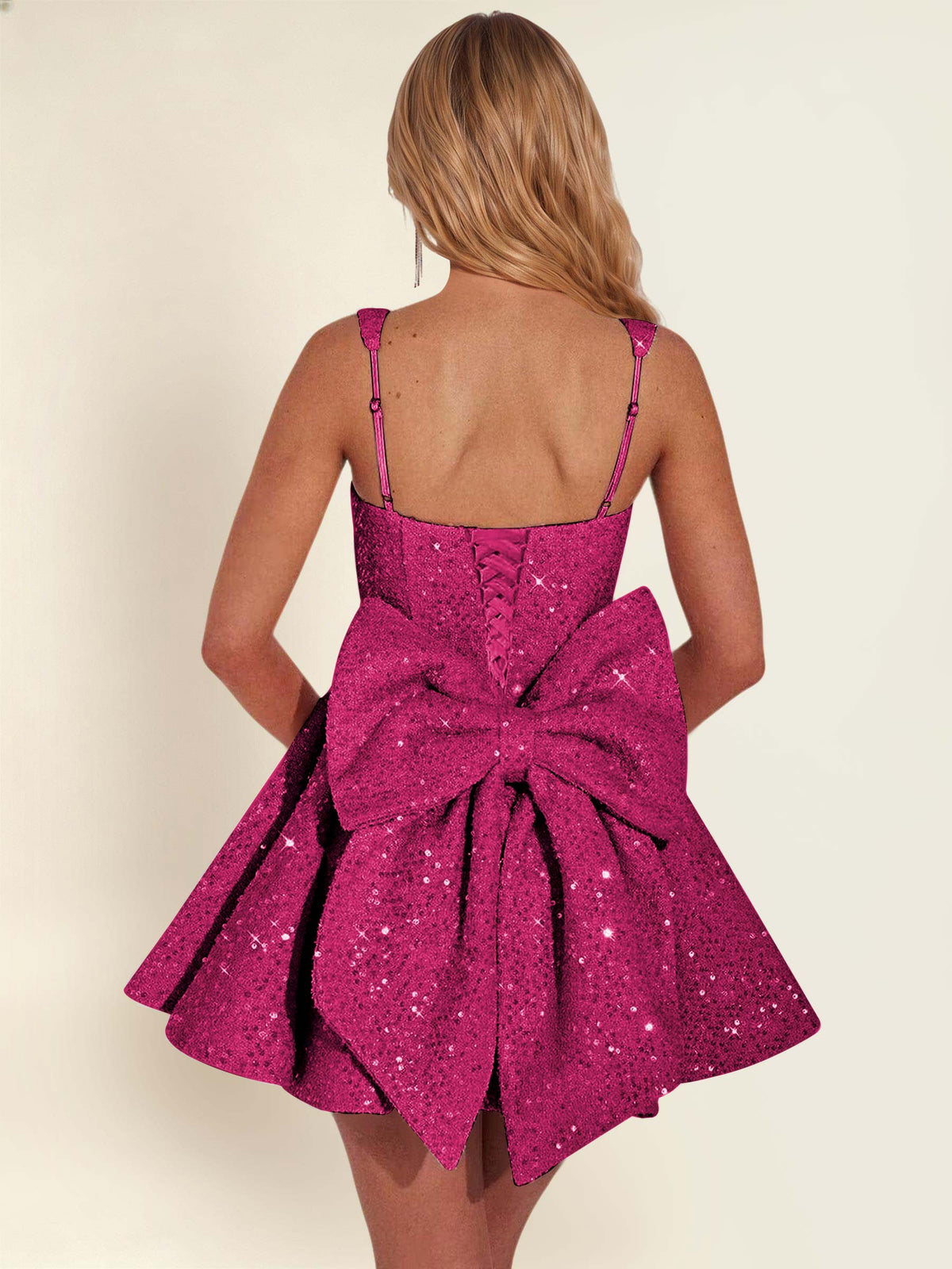 ROVDESY Sparkly Sequin A-Line Square Neck Homecoming Mini Dress With Big Bow