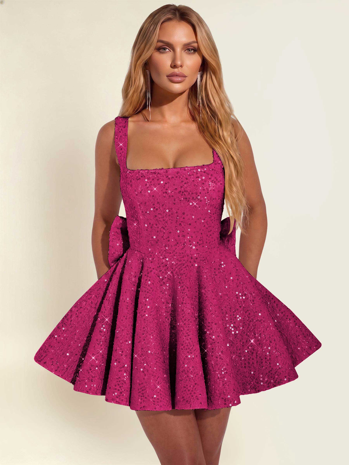 ROVDESY Sparkly Sequin A-Line Square Neck Homecoming Mini Dress With Big Bow