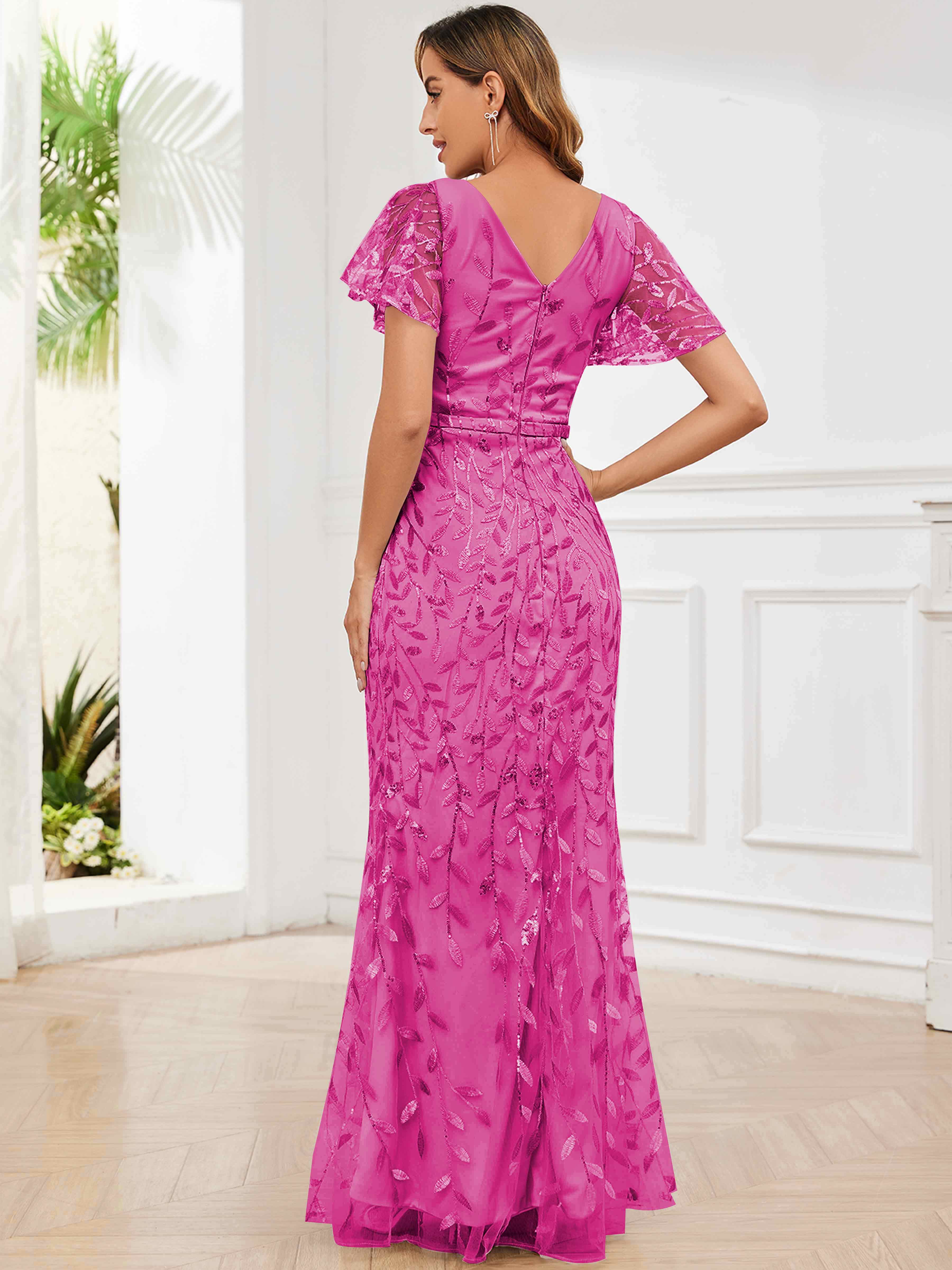 ROVDESY V-Neck Mermaid Sequin Mother Of The Bride Dress With Short Sleeves