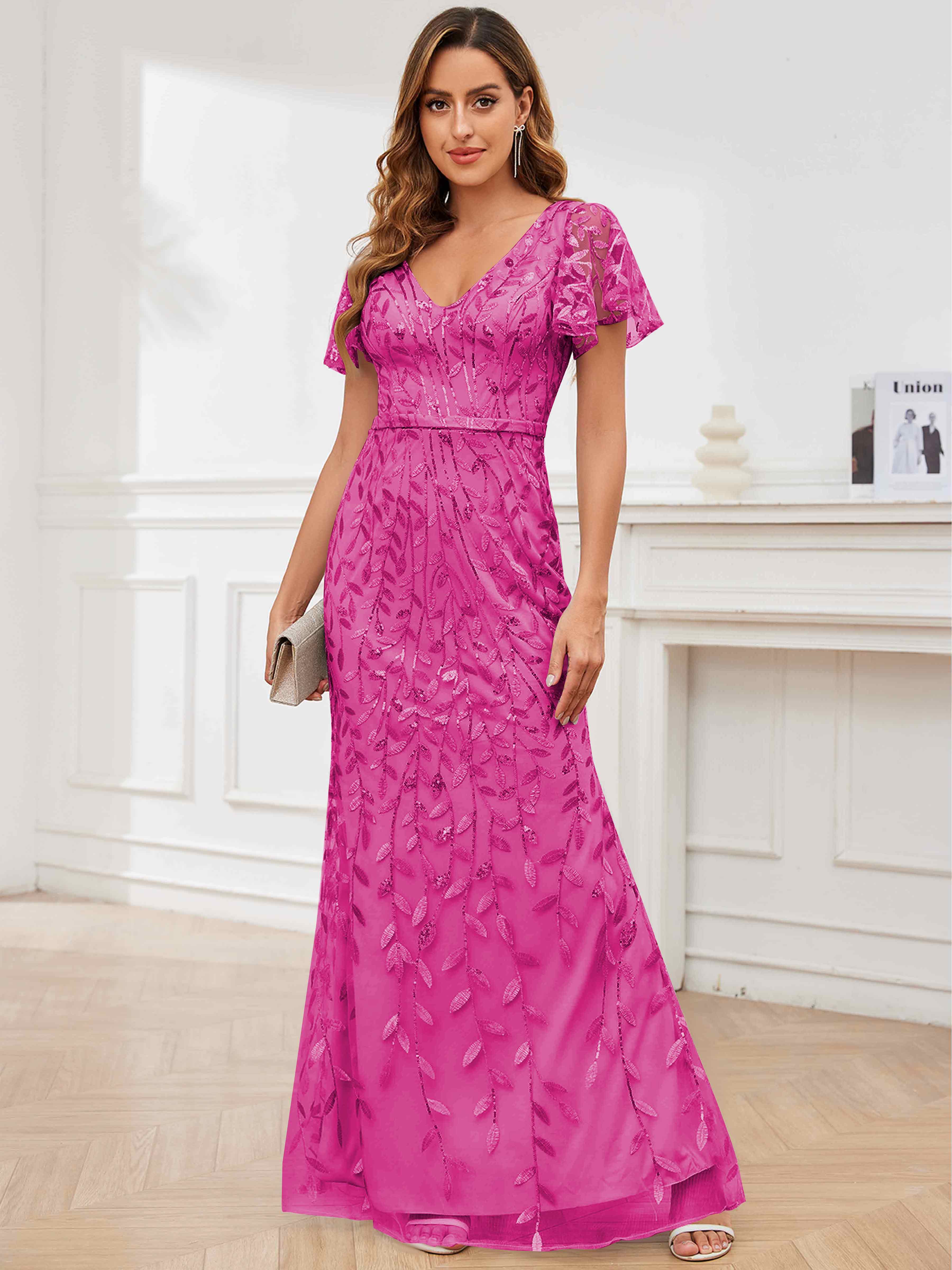 ROVDESY V-Neck Mermaid Sequin Mother Of The Bride Dress With Short Sleeves