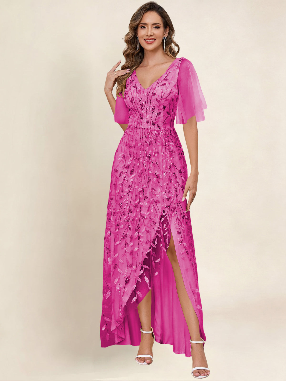 V Neck Sequin Tulle A Line Mother of the Bride Dress with Sleeves