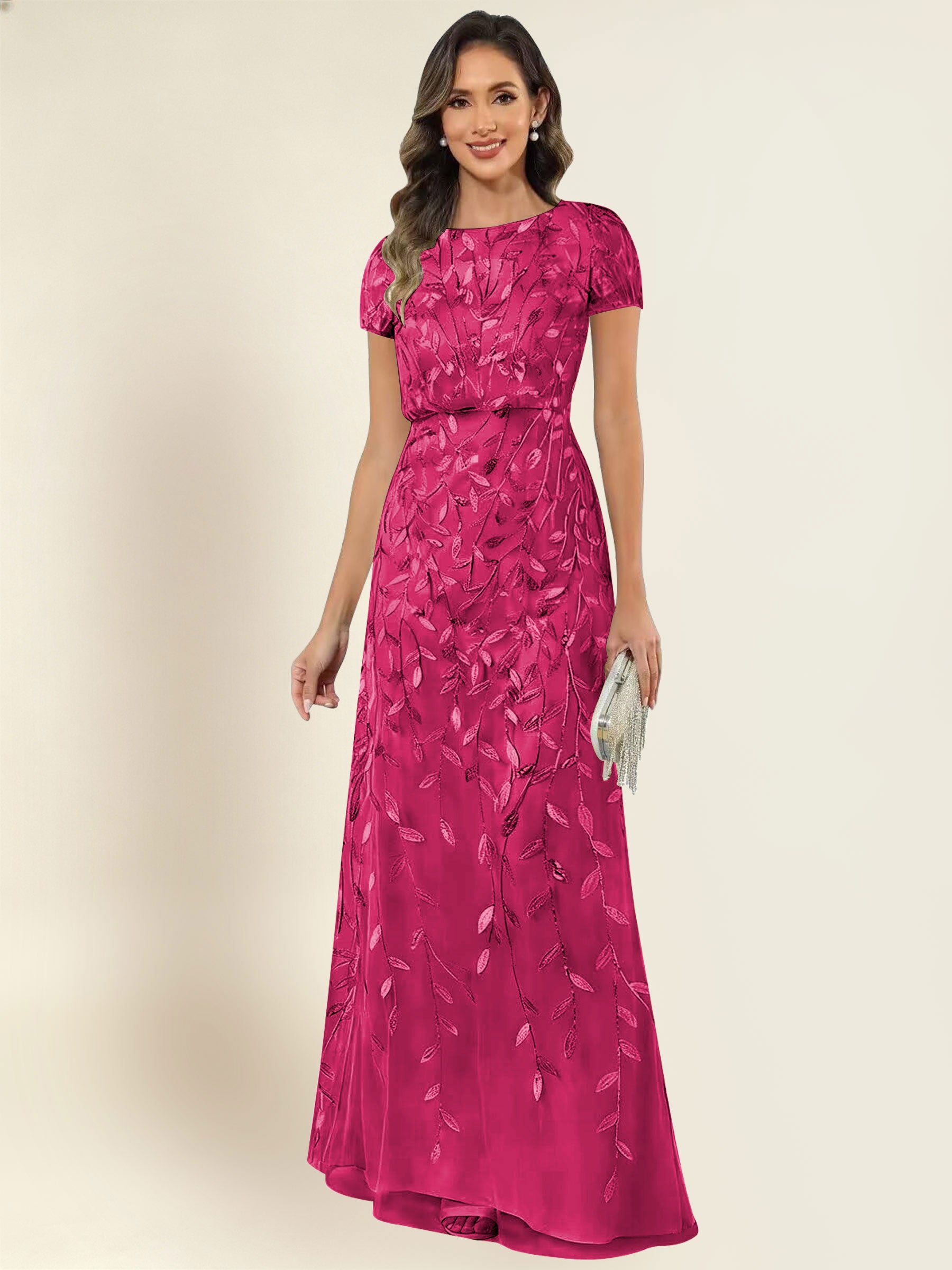 ROVDESY Sequin Mermaid Long Mother Of The Bride Dress With Short Sleeves Formal Gown