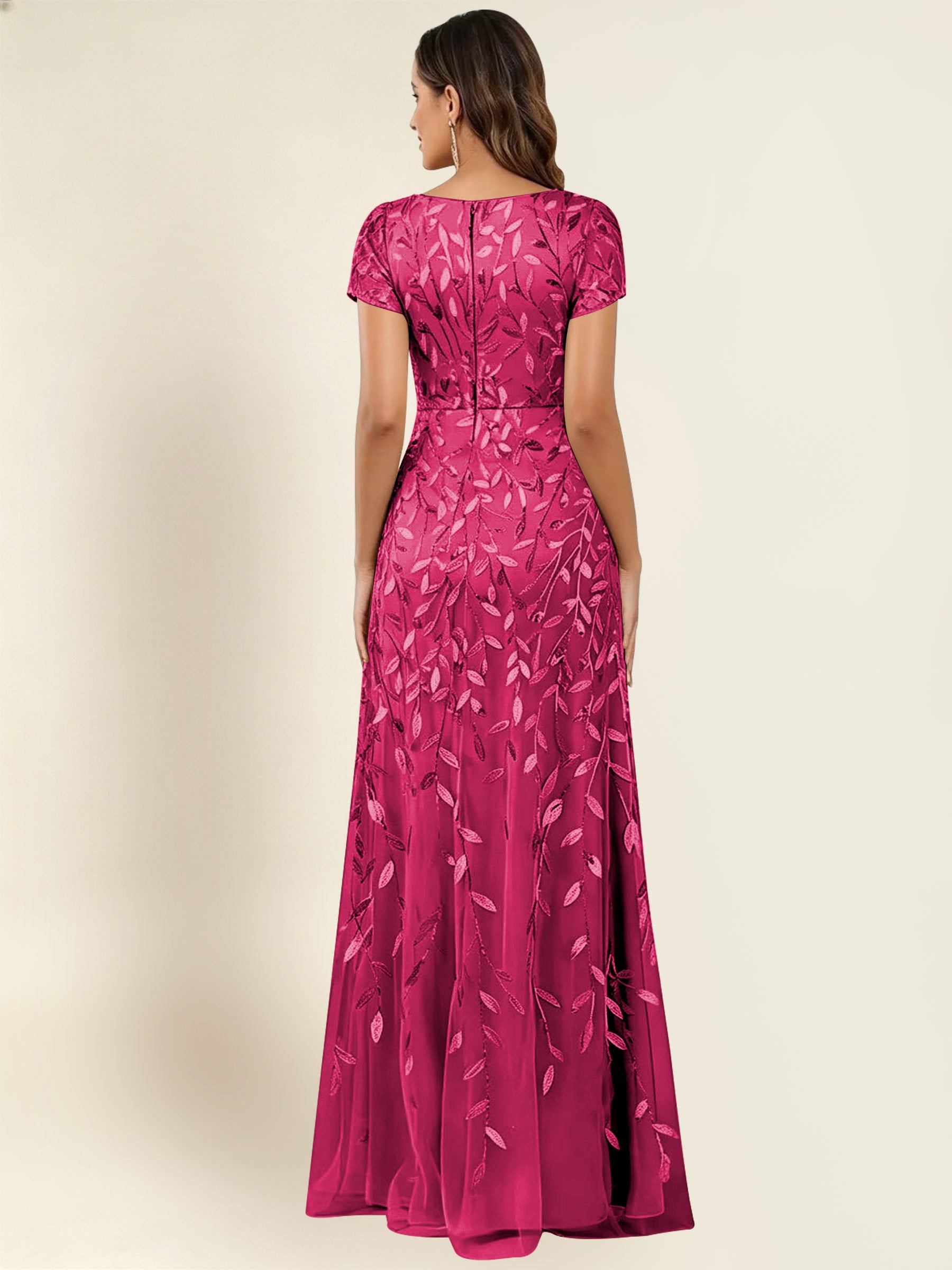 ROVDESY Sequin Mermaid Long Mother Of The Bride Dress With Short Sleeves Formal Gown