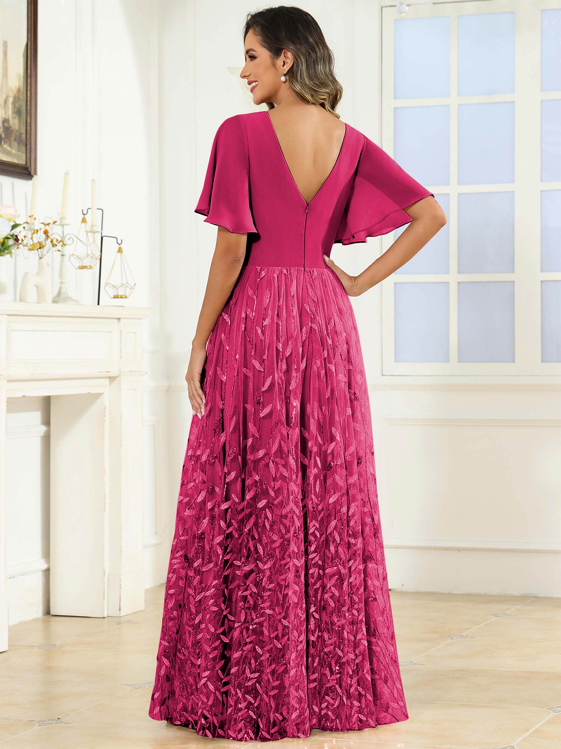 ROVDESY A-Line V-Neck Chiffon Sequin Mother Of The Bride Dress With Short Sleeves