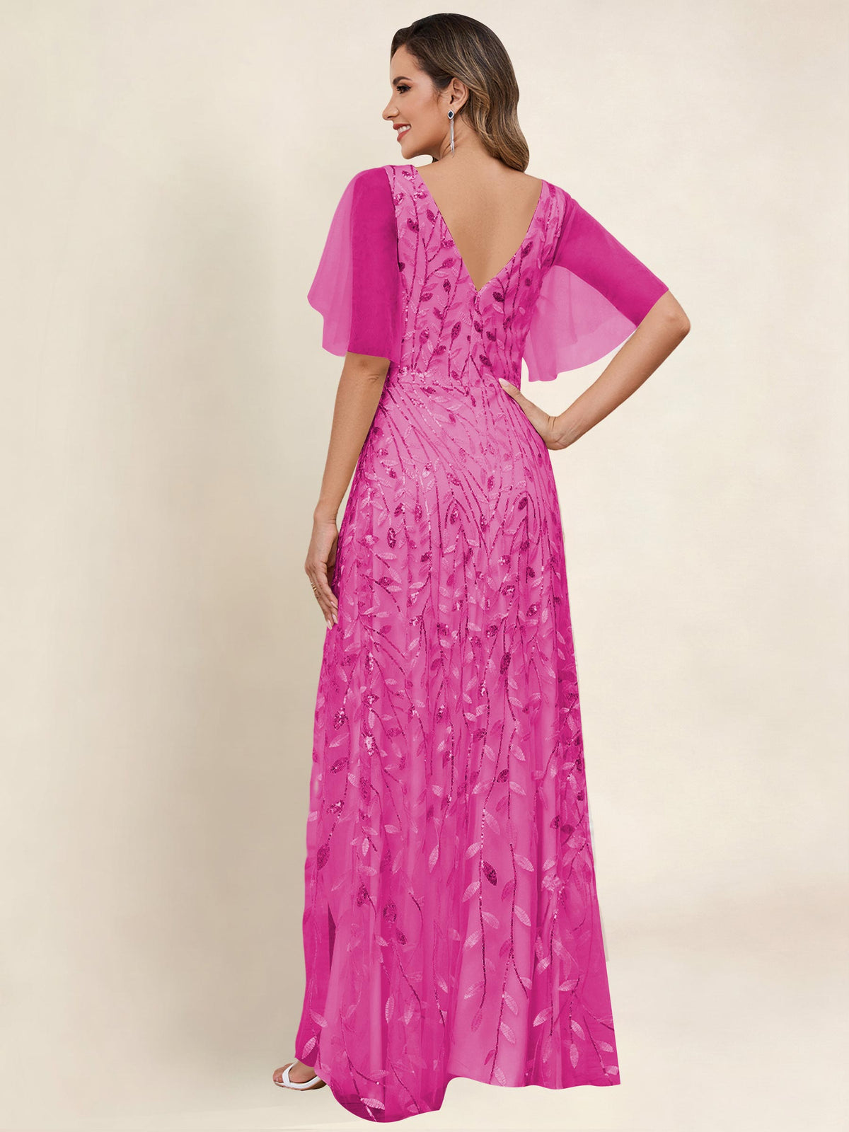 V Neck Sequin Tulle A Line Mother of the Bride Dress with Sleeves