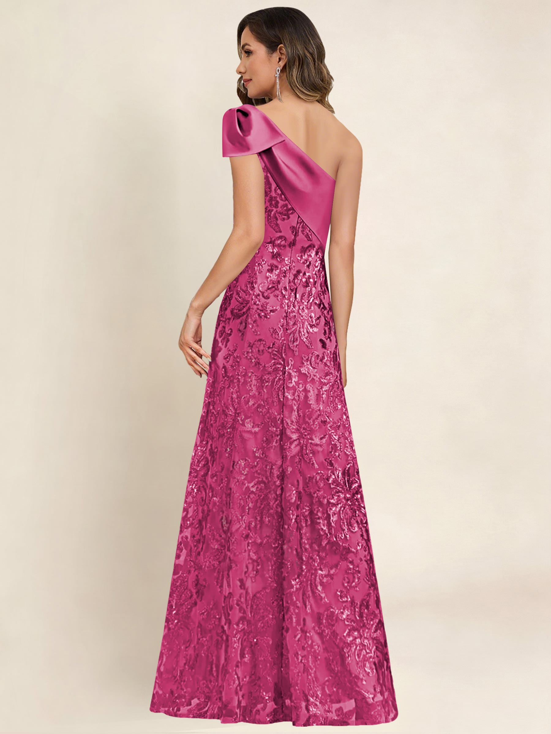 ROVDESY One Shoulder Sequin Mermaid Long Mother Of The Bride Dress Formal Gown With Bow