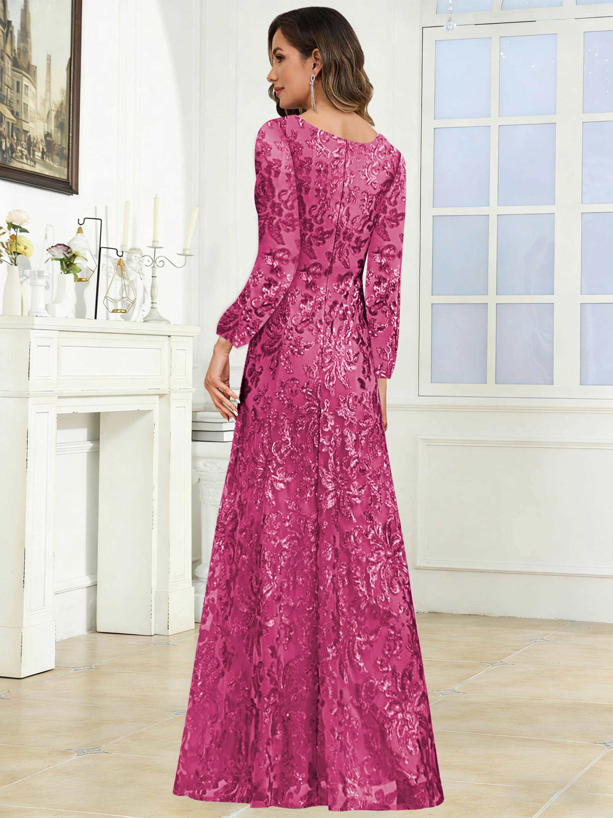 Crew Neck Sequin Lace Long Sleeve Mother of the Bride Dress