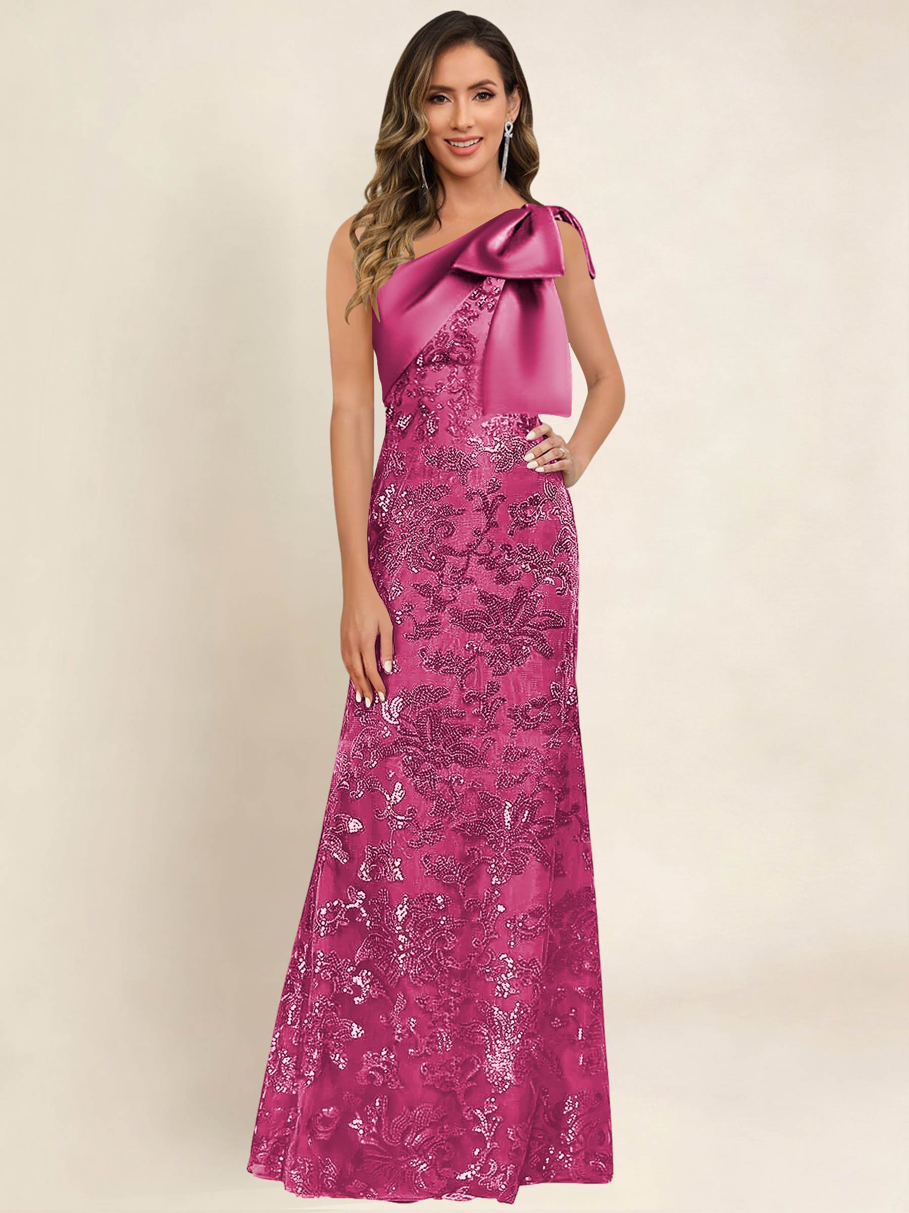ROVDESY One Shoulder Sequin Mermaid Long Mother Of The Bride Dress Formal Gown With Bow