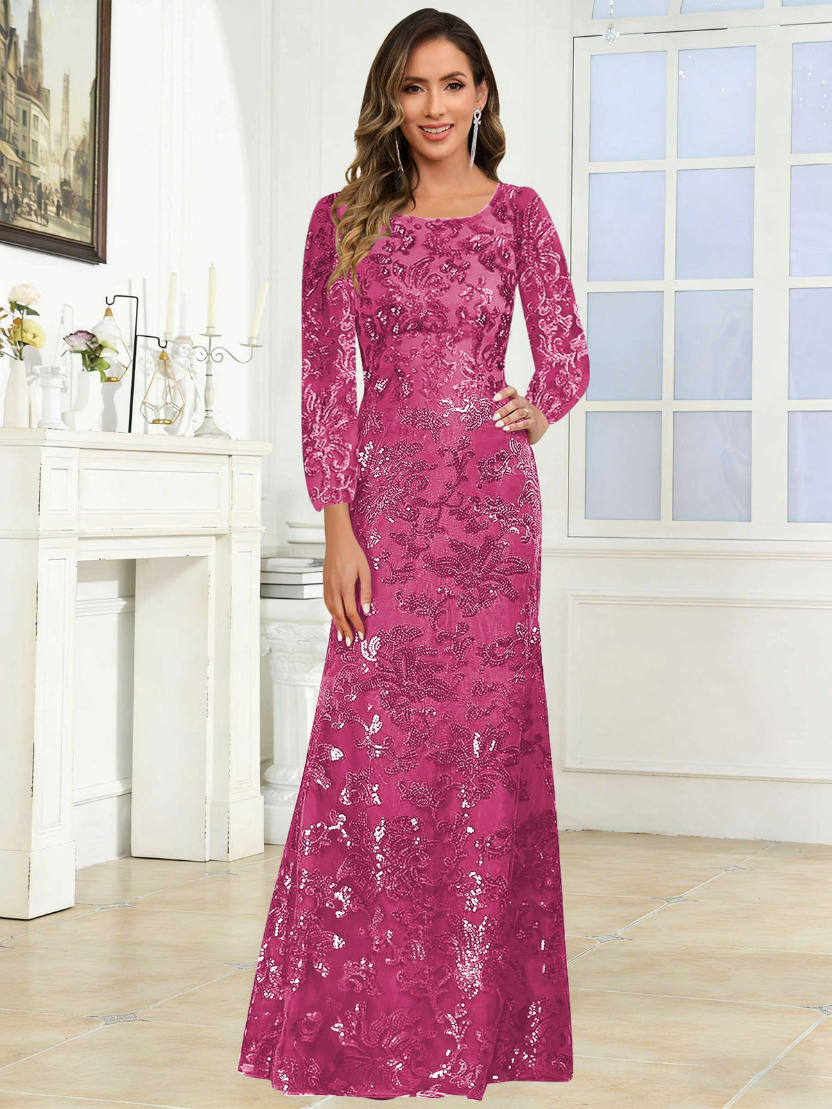 Crew Neck Sequin Lace Long Sleeve Mother of the Bride Dress