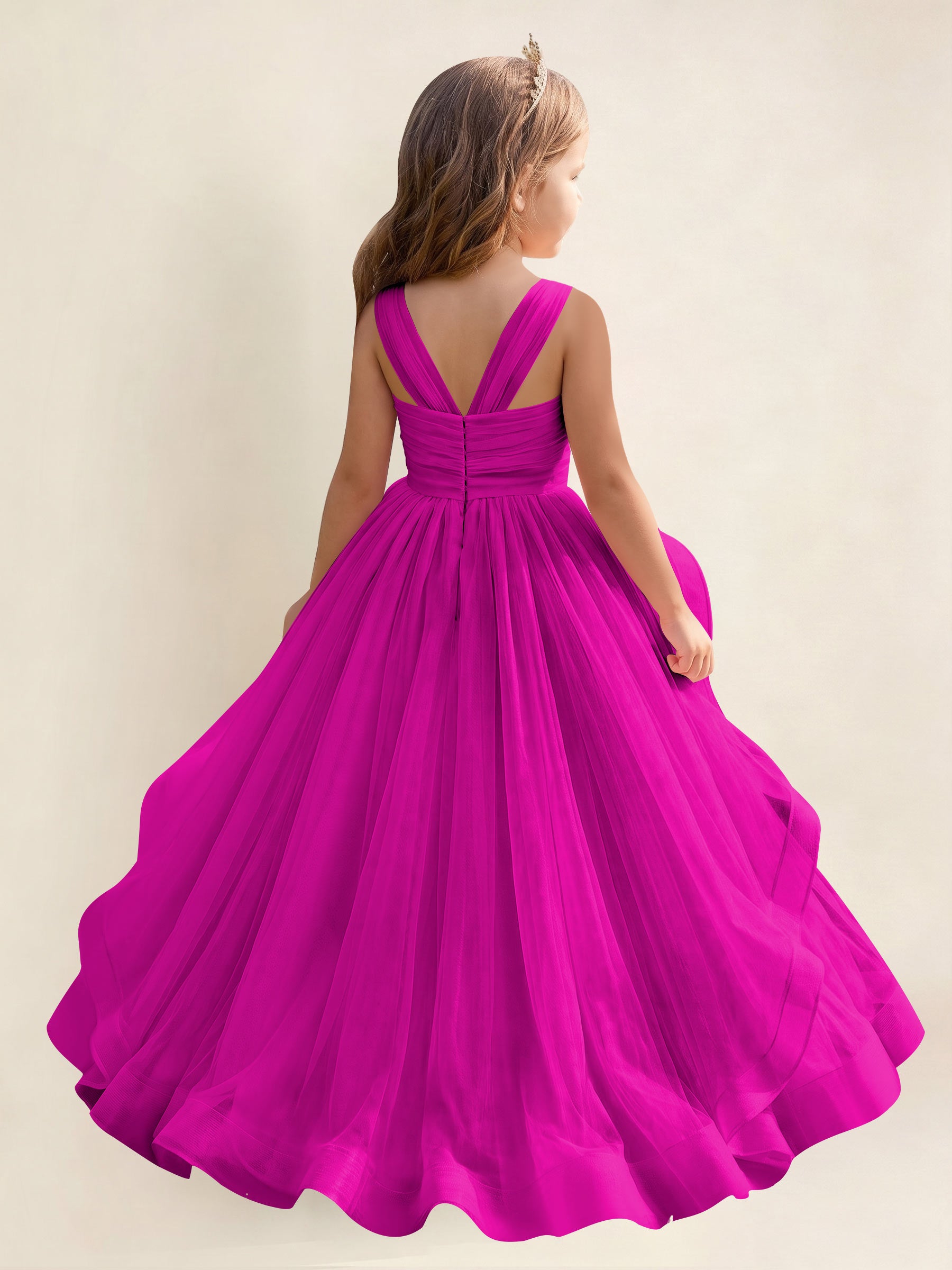 ROVDESY A-Line V-Neck Tulle Flower Girl Dress With Sleeveless Long Ball Gown Dress