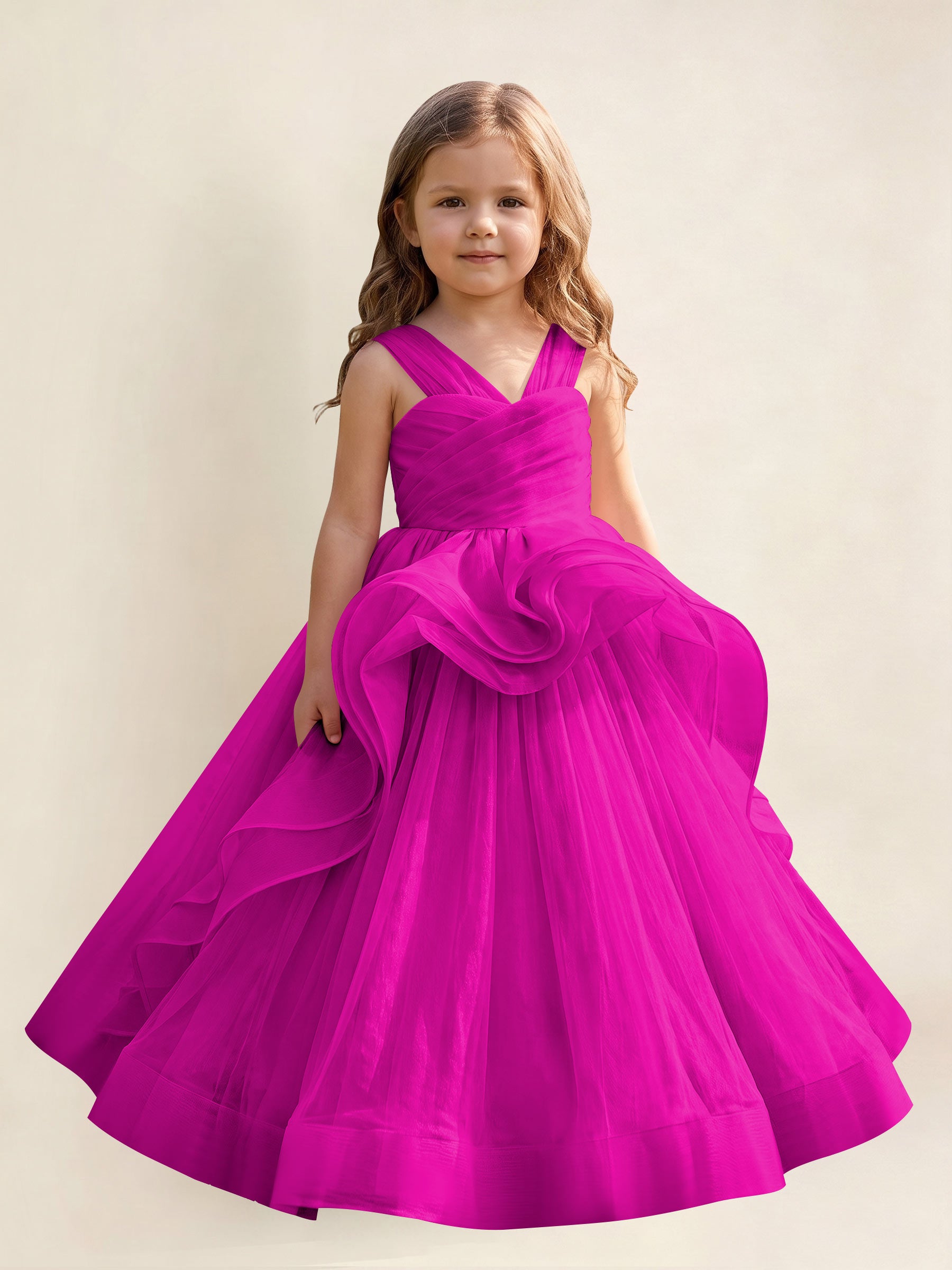ROVDESY A-Line V-Neck Tulle Flower Girl Dress With Sleeveless Long Ball Gown Dress