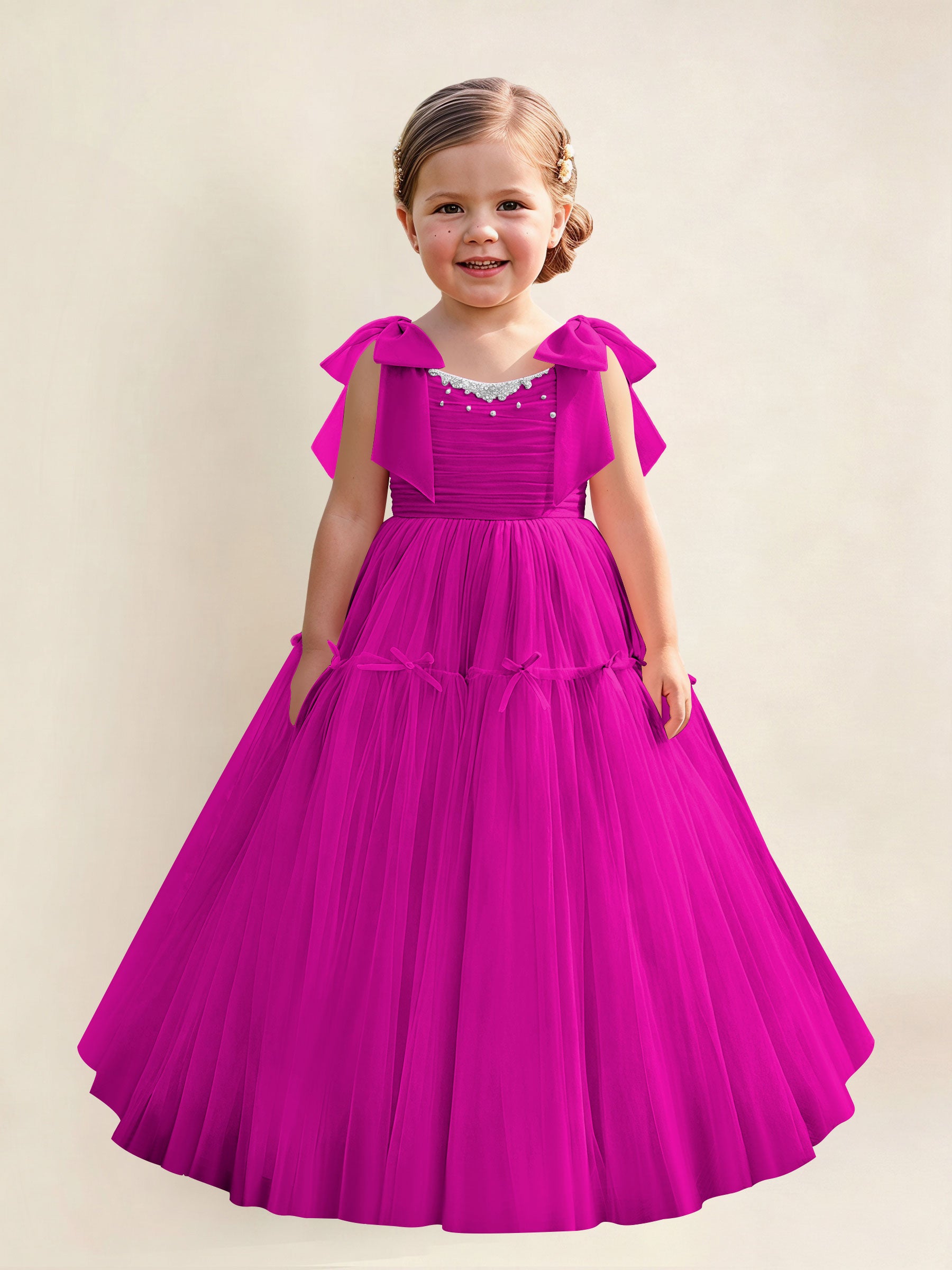 ROVDESY A-Line Tulle Flower Girl Dress With Bow Long Ball Gown Dress