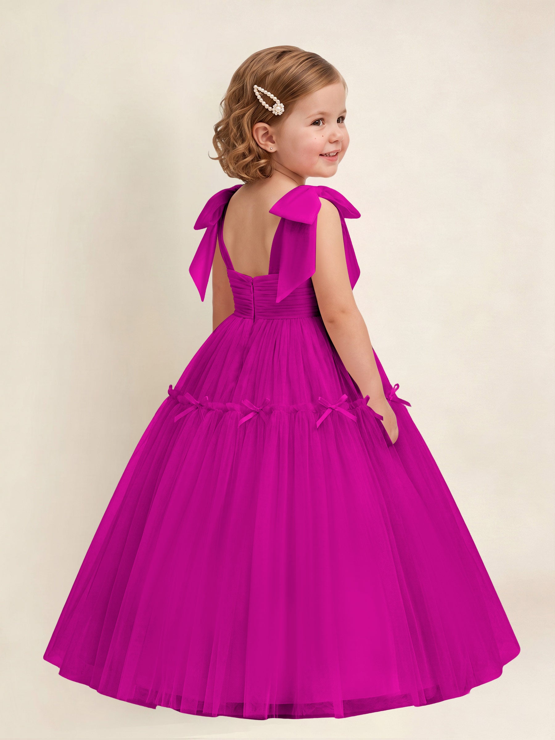 ROVDESY A-Line Tulle Flower Girl Dress With Bow Long Ball Gown Dress
