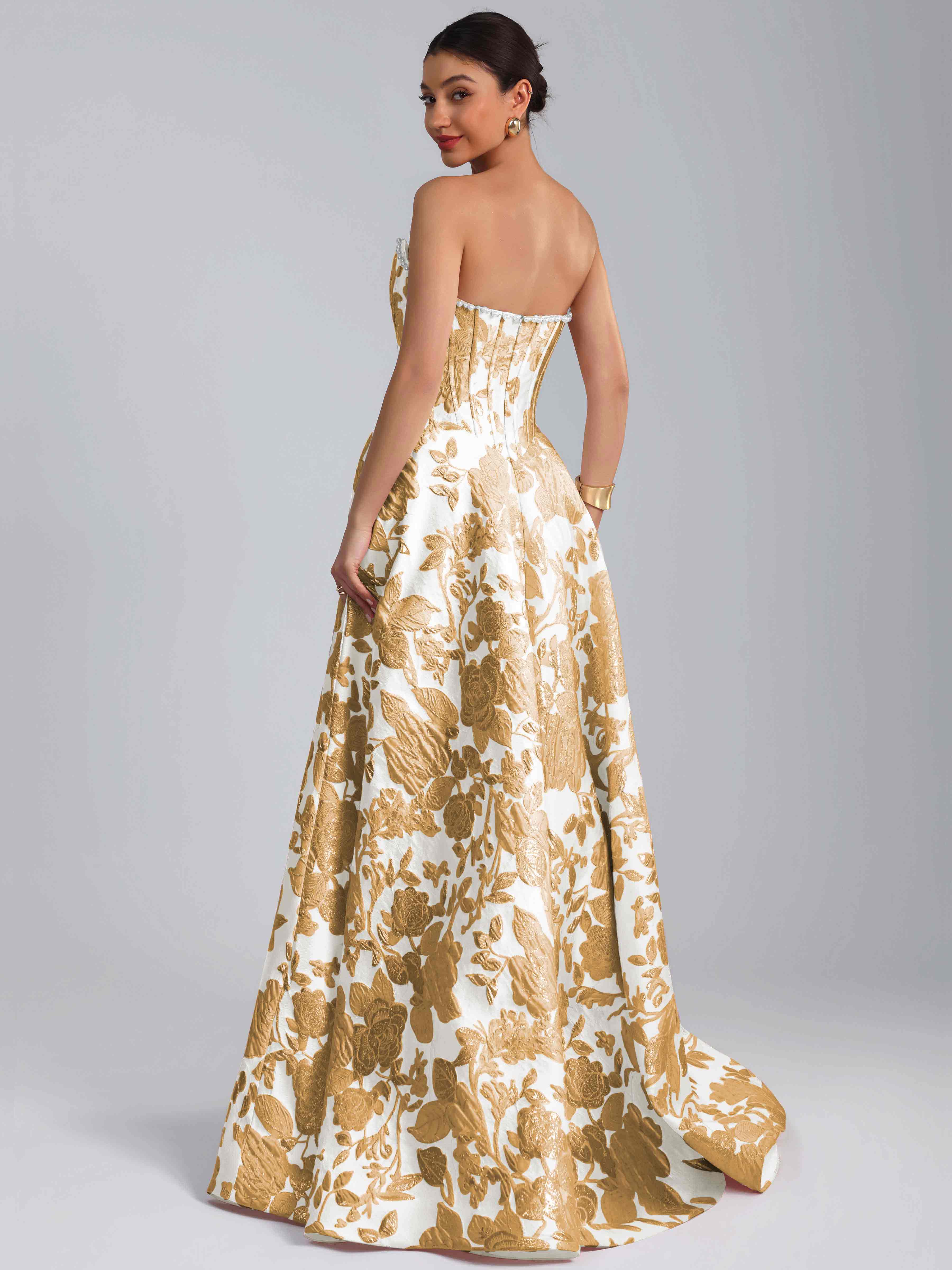 ROVDESY A-Line Strapless Jacquard Satin Prom Dress Long Ball Gown