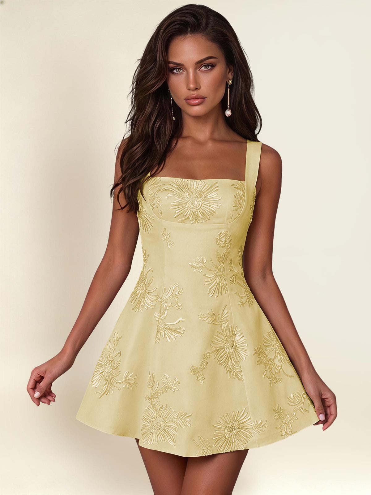 ROVDESY A-Line Square Neck Floral Embroidery Homecoming Mini Dress With Bow