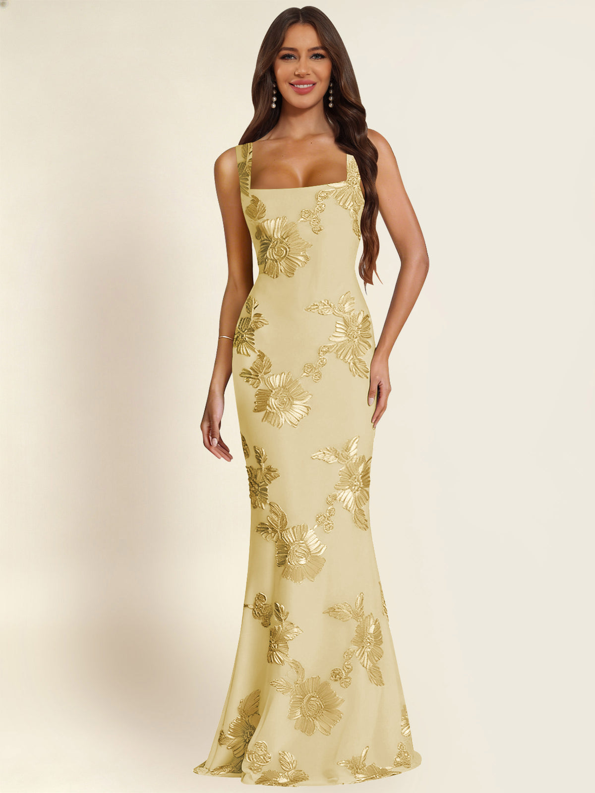 ROVDESY Square Neck Floral Applique Mermaid Long Prom/Bridesmaid Dress