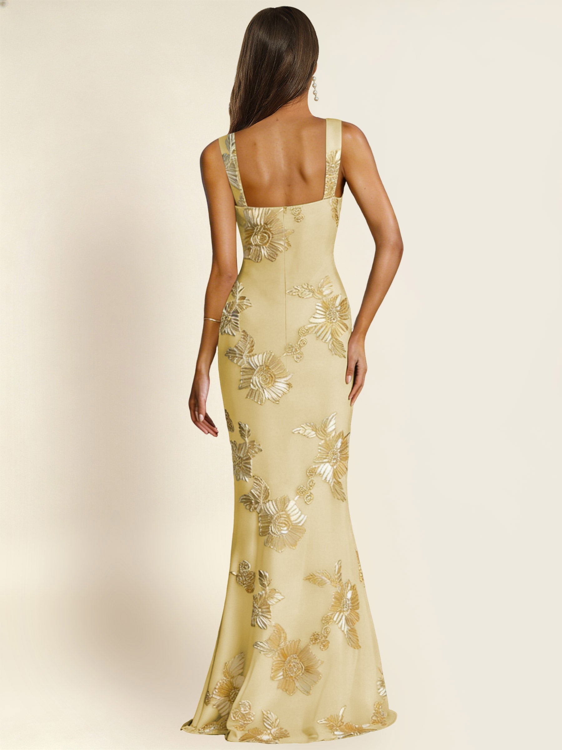 ROVDESY Square Neck Floral Applique Mermaid Long Prom/Bridesmaid Dress