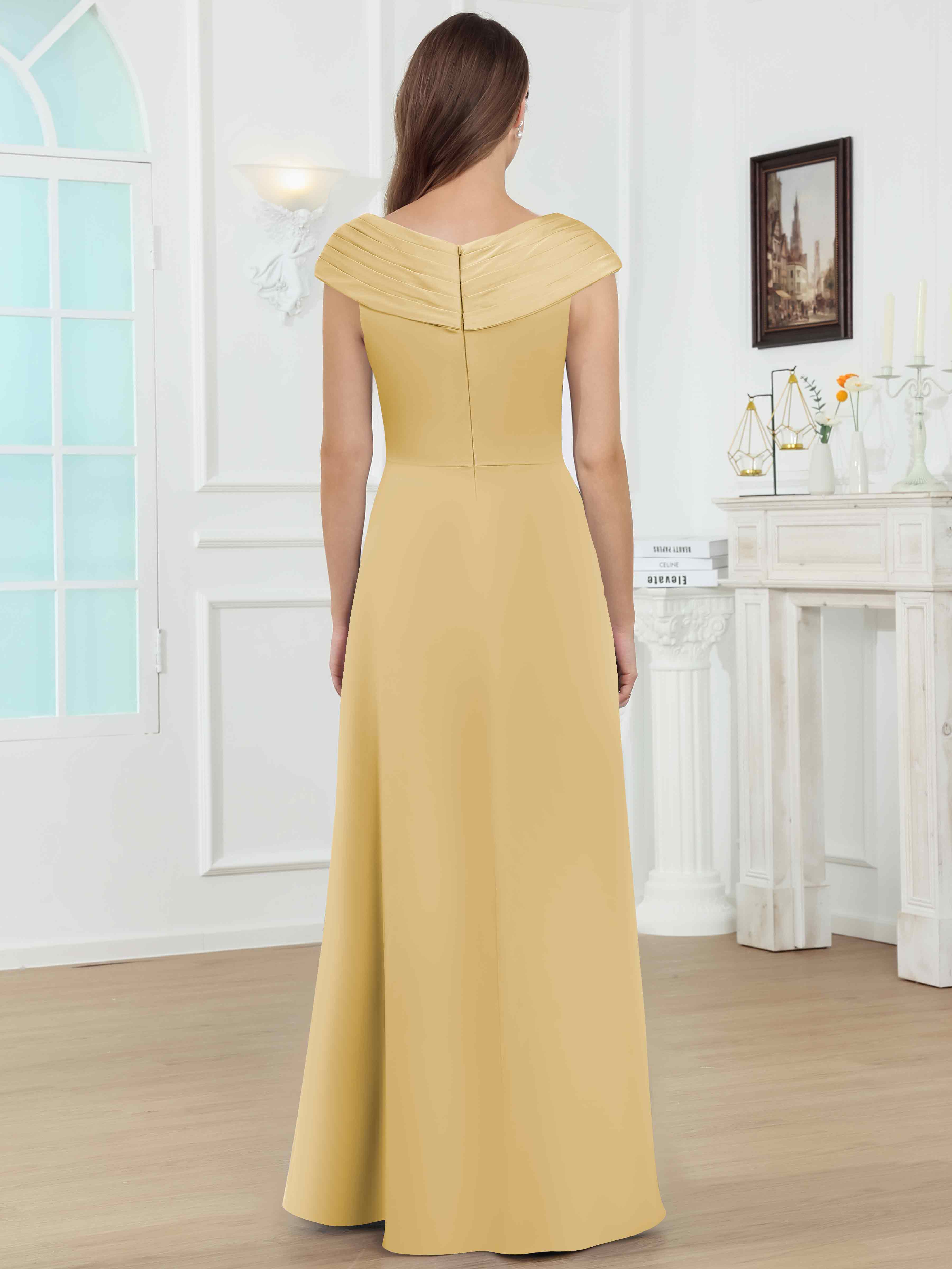 ROVDESY V-Neck Off The Shoulder Pleated Satin Mother Of The Bride Dress With Slit