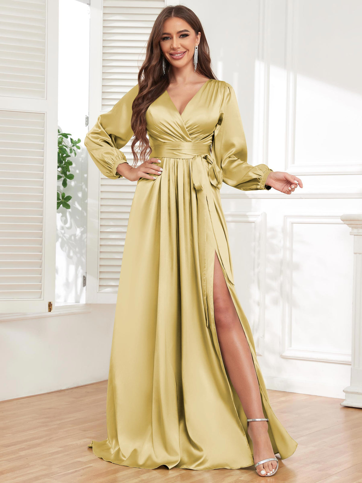 V Neck Satin Long Sleeve Bridesmaid Dress with Slit