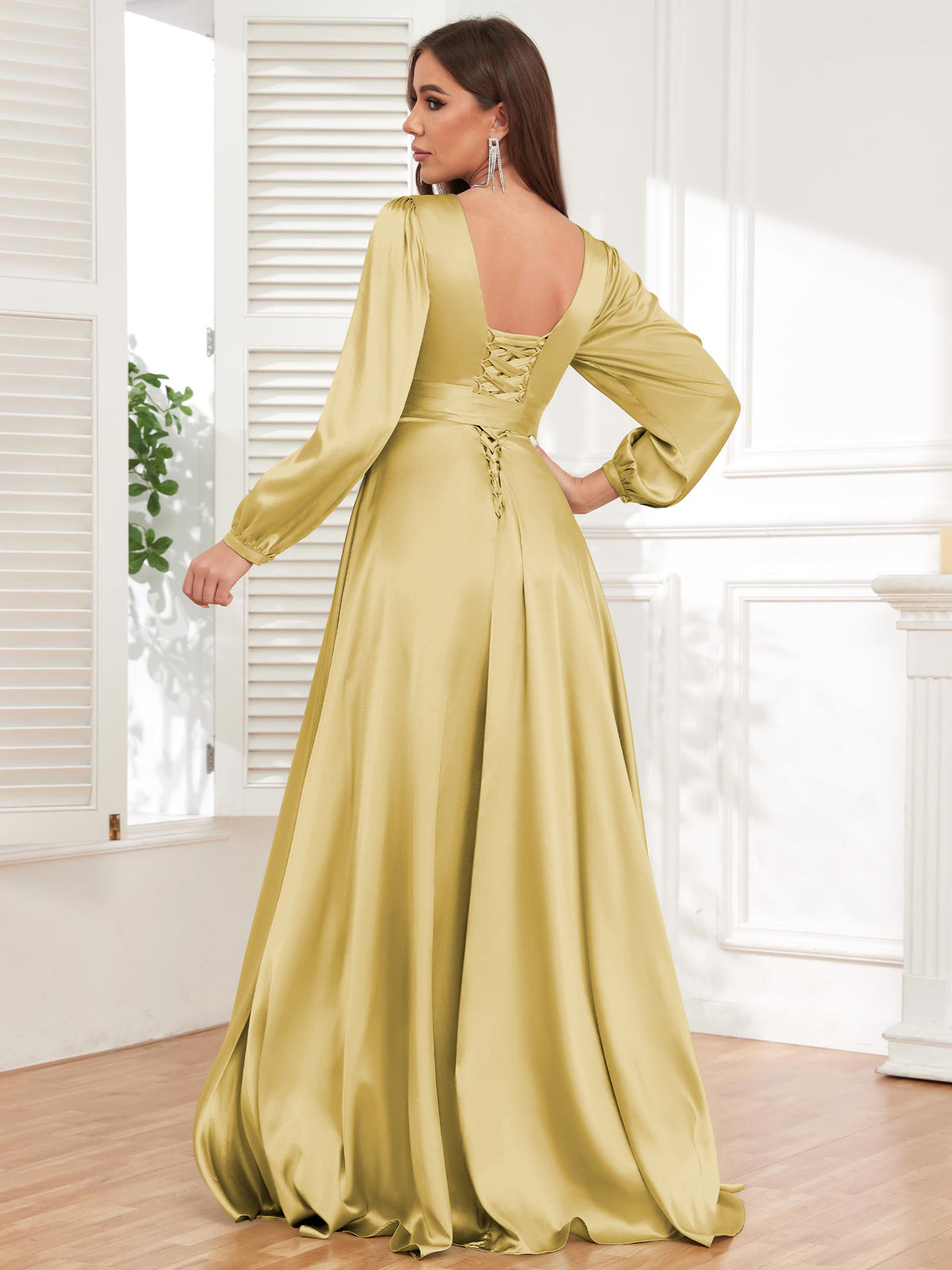 V Neck Satin Long Sleeve Bridesmaid Dress with Slit