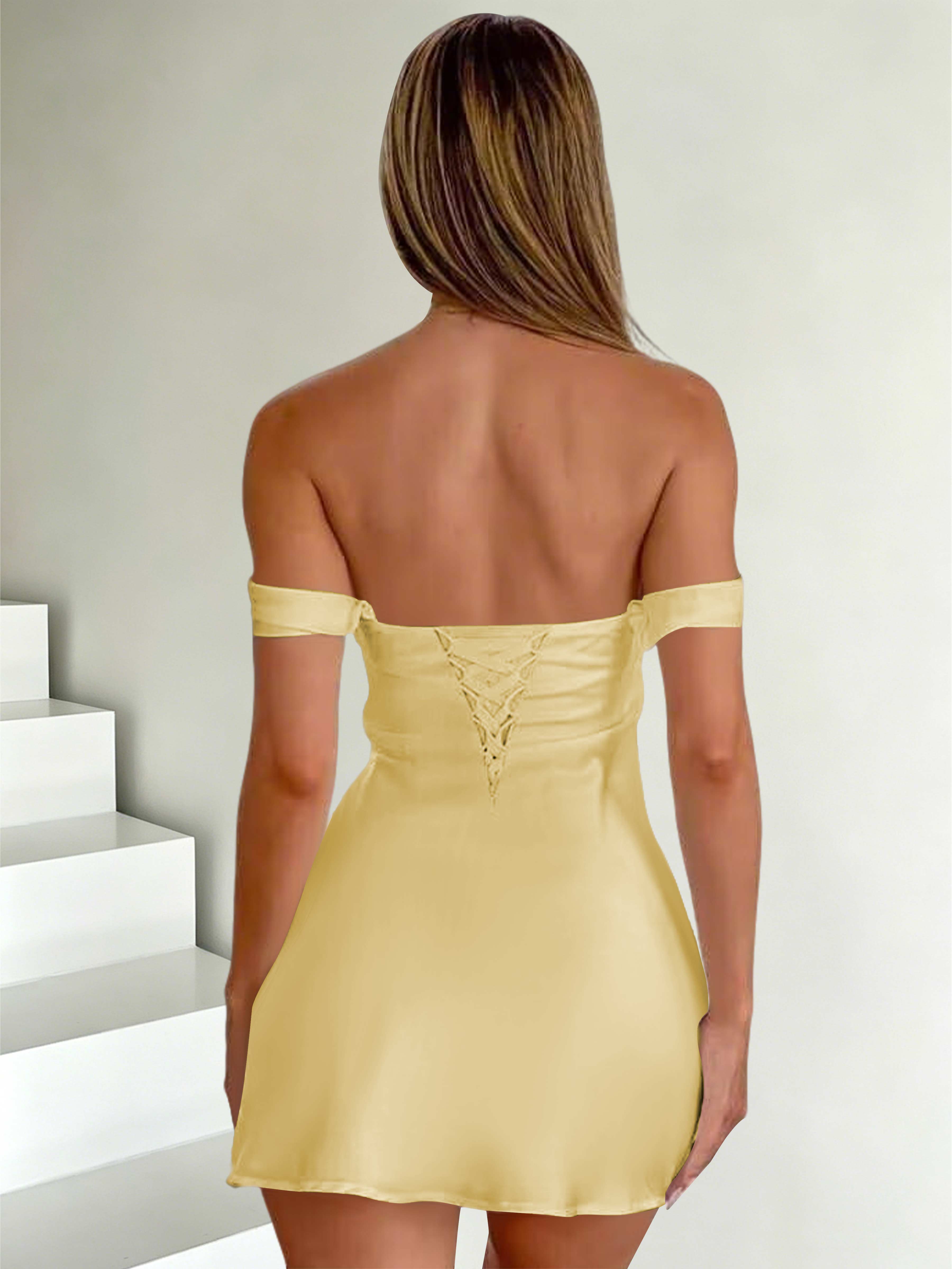 ROVDESY Off The Shoulder A-Line Pleated Satin Homecoming Mini Dress