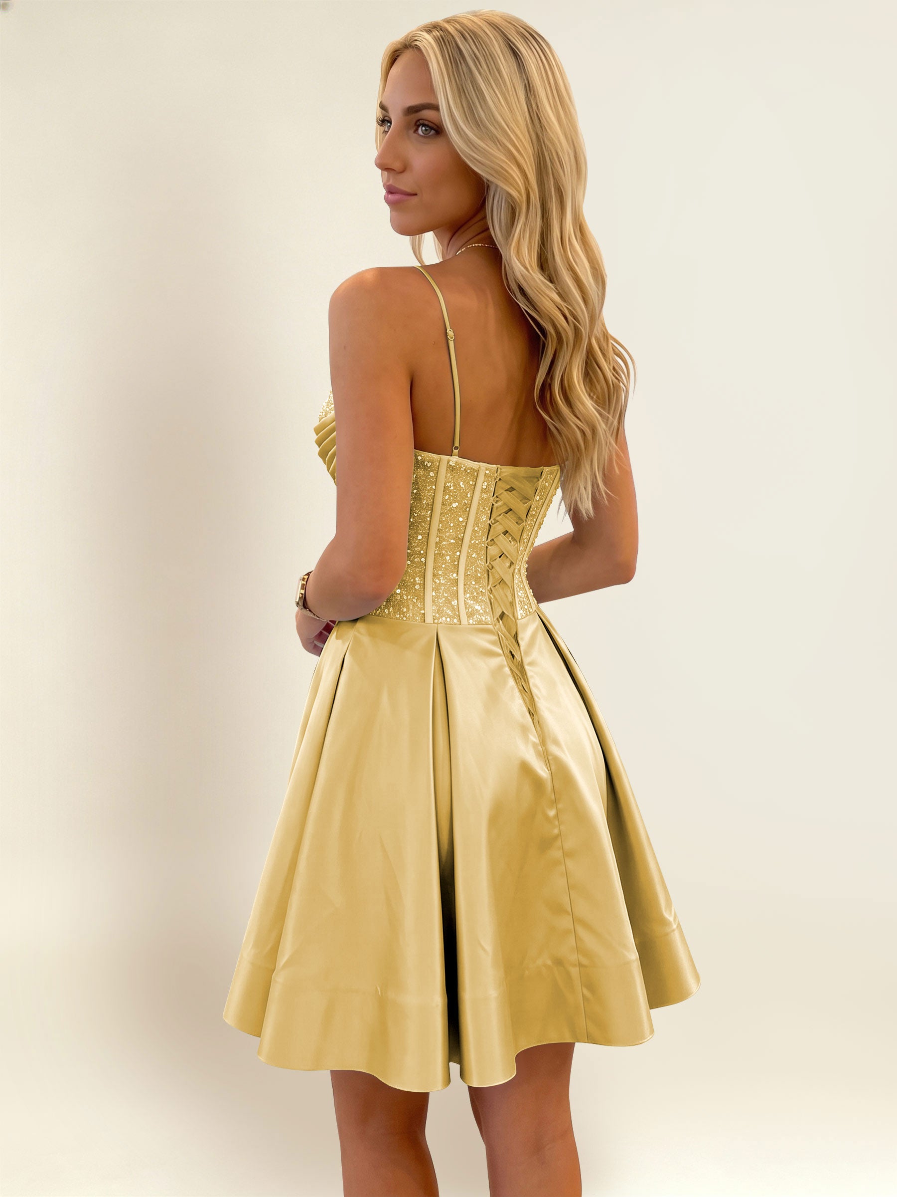 ROVDESY A-Line Spaghetti Strap Sequin Corset Satin Homecoming Mini Dress
