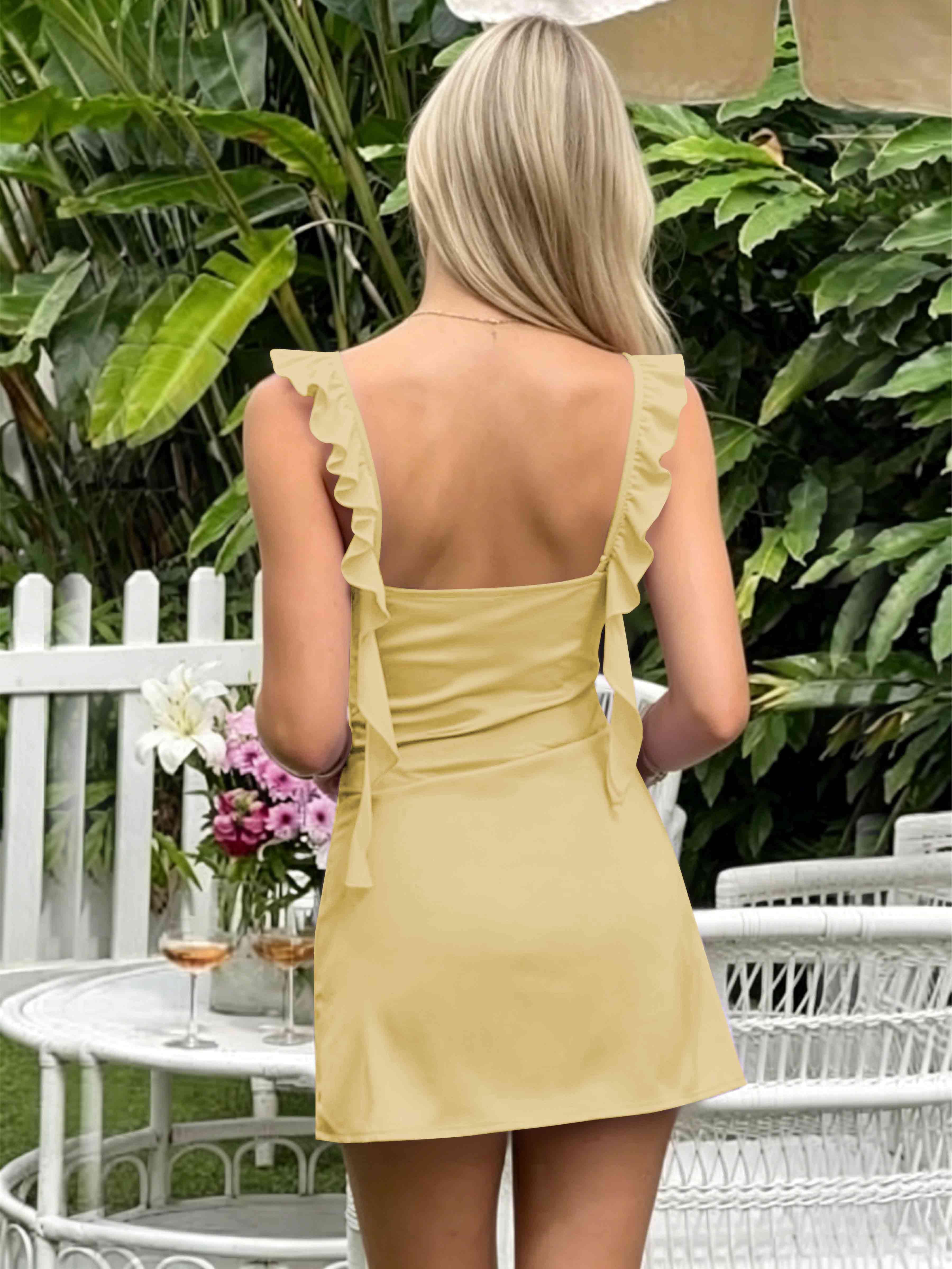 ROVDESY A-Line Ruffle Strap Satin Homecoming Mini Dress