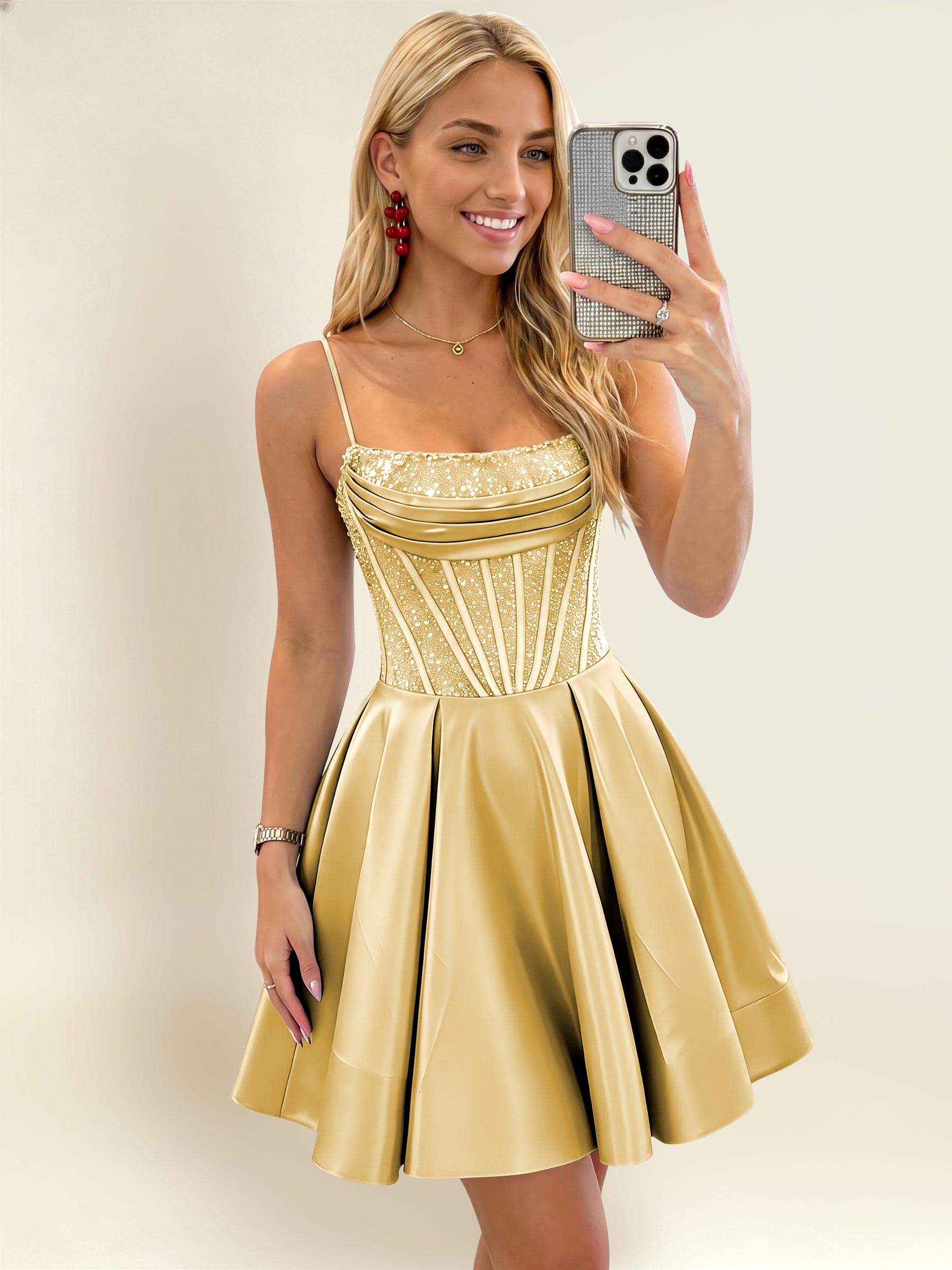 ROVDESY A-Line Spaghetti Strap Sequin Corset Satin Homecoming Mini Dress
