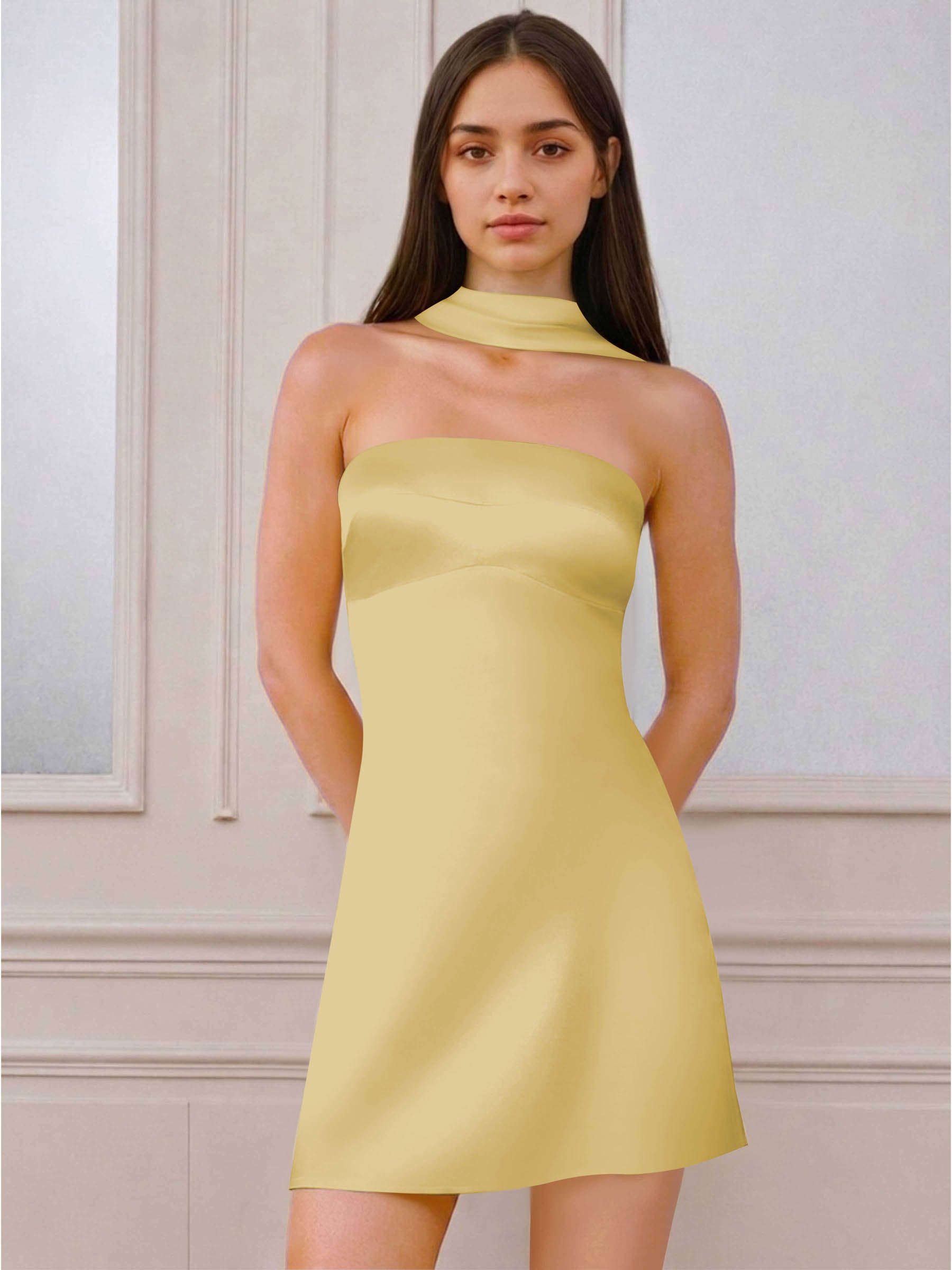 ROVDESY A-Line Halter Neck Satin Homecoming Mini Dress