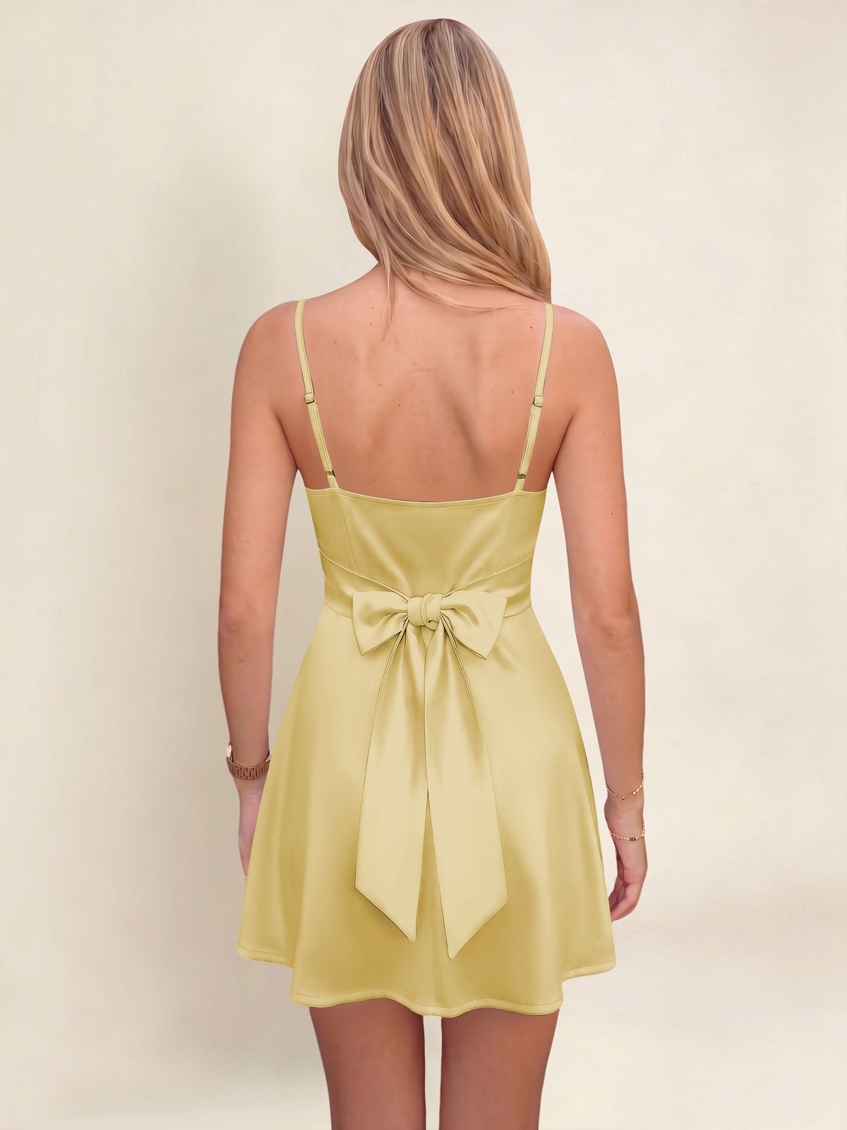 ROVDESY A-Line Spaghetti Strap Cowl Neck Satin Mini Homecoming Dress With Bow
