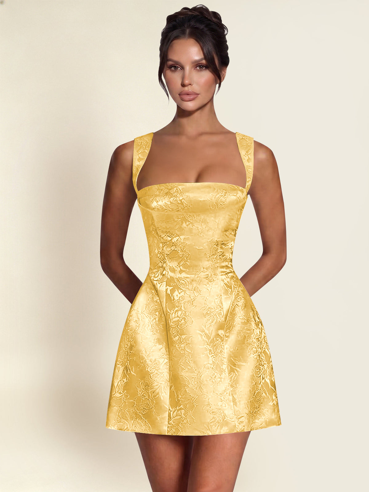 ROVDESY A-Line Square Neck Jacquard Satin Homecoming Mini Dress