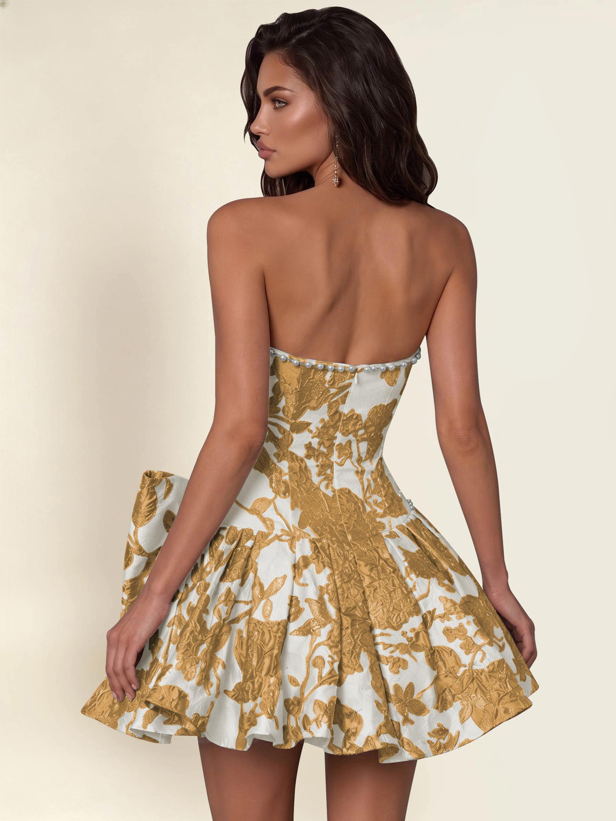 ROVDESY A-Line Strapless Jacquard Satin Homecoming Mini Dress With Big Bow
