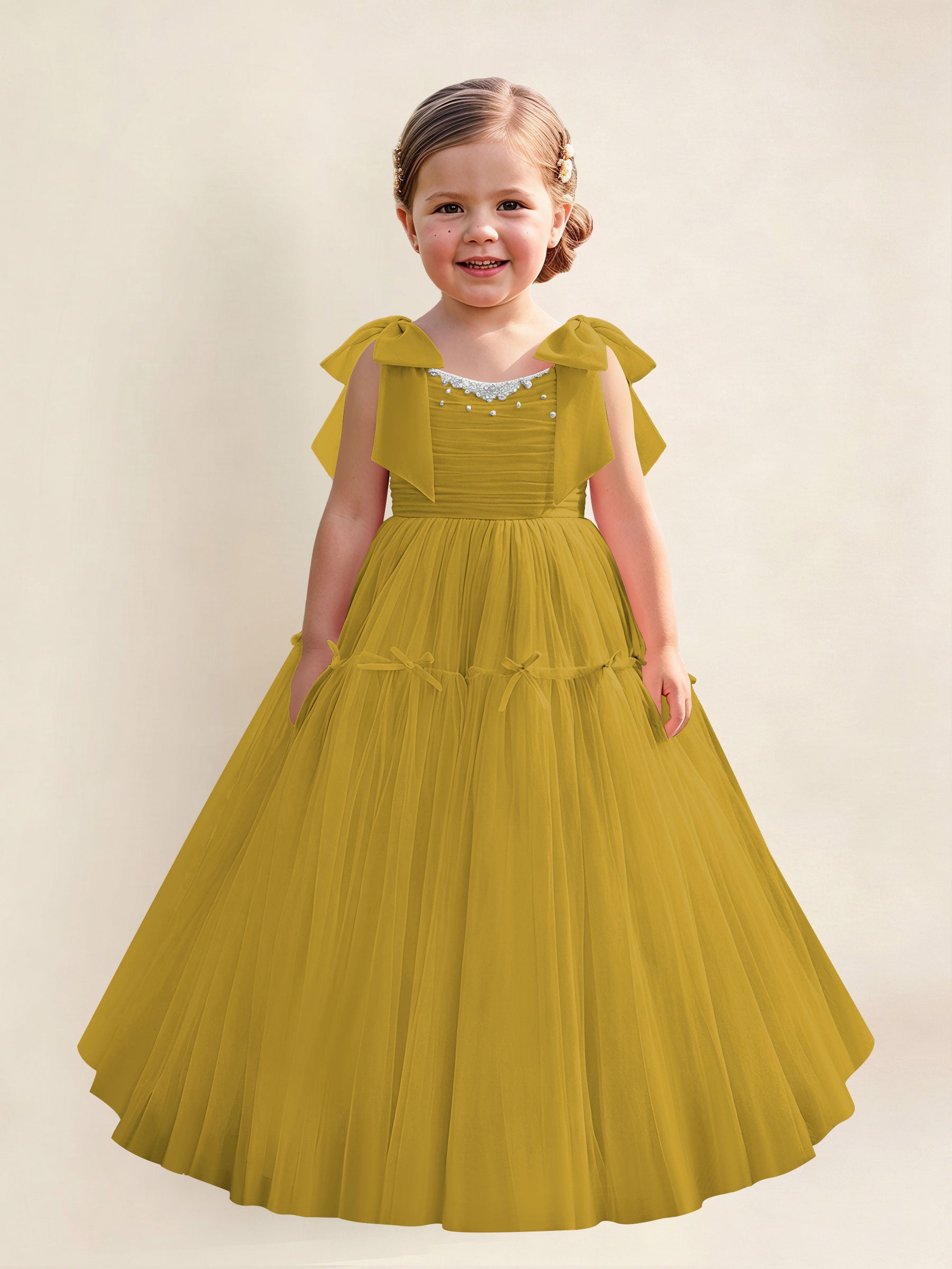 ROVDESY A-Line Tulle Flower Girl Dress With Bow Long Ball Gown Dress