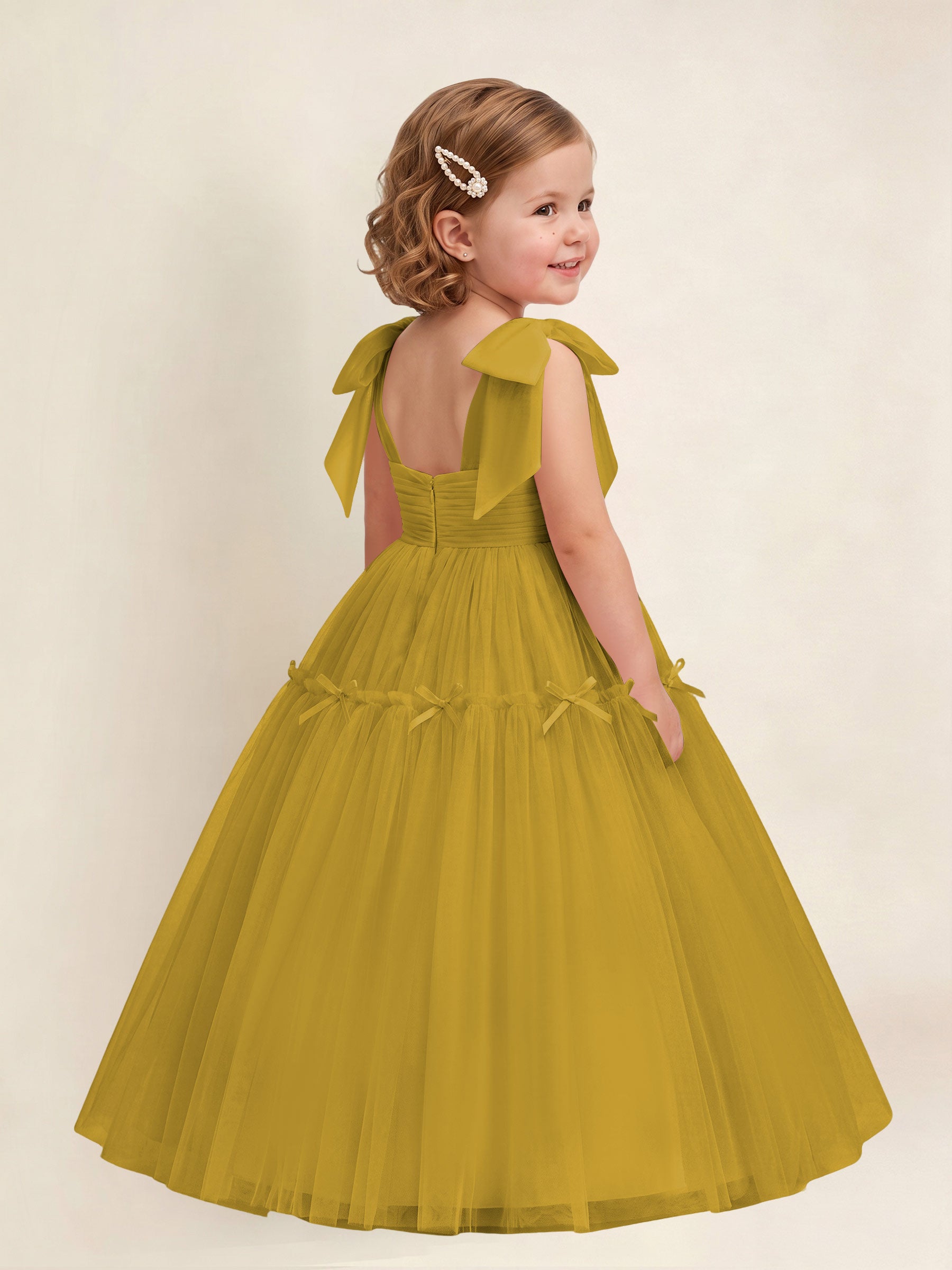 ROVDESY A-Line Tulle Flower Girl Dress With Bow Long Ball Gown Dress