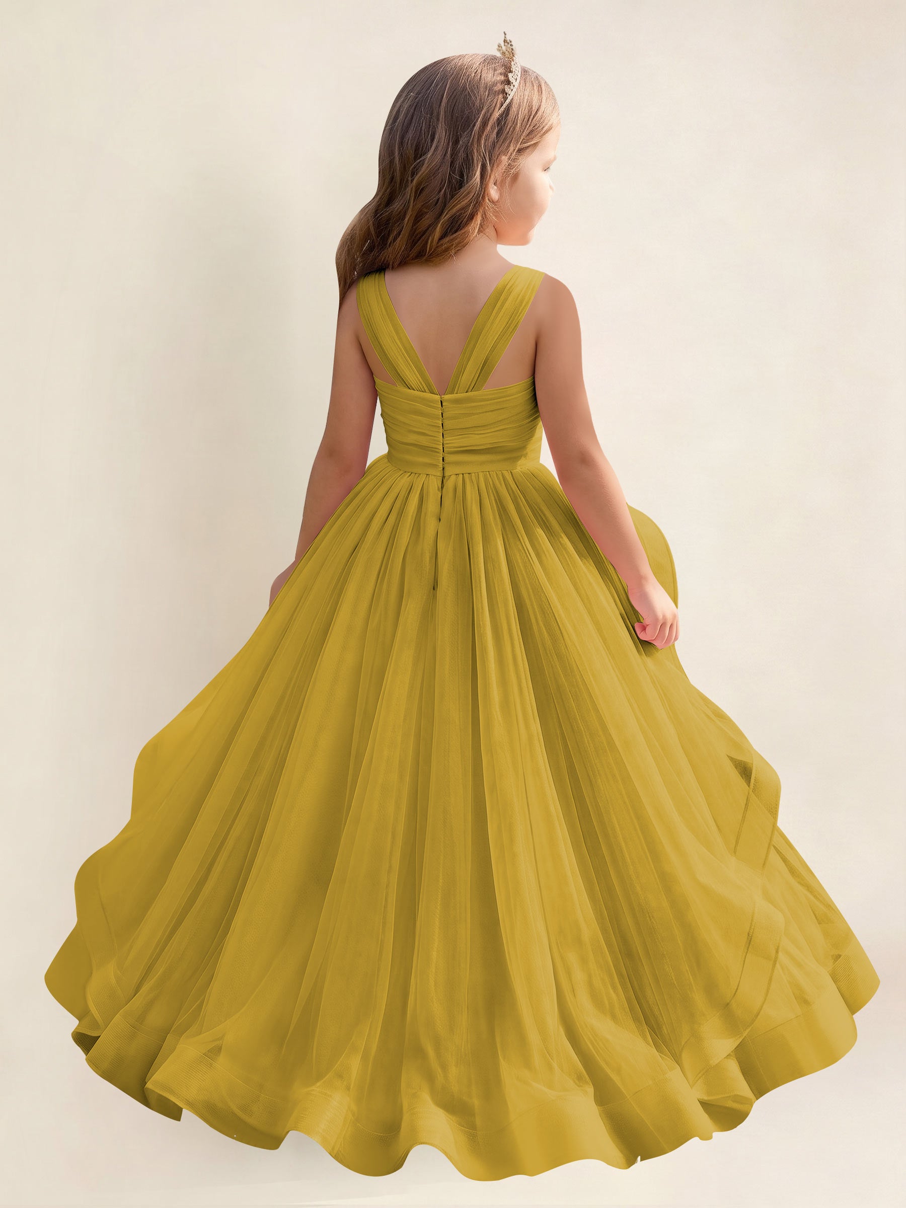 ROVDESY A-Line V-Neck Tulle Flower Girl Dress With Sleeveless Long Ball Gown Dress