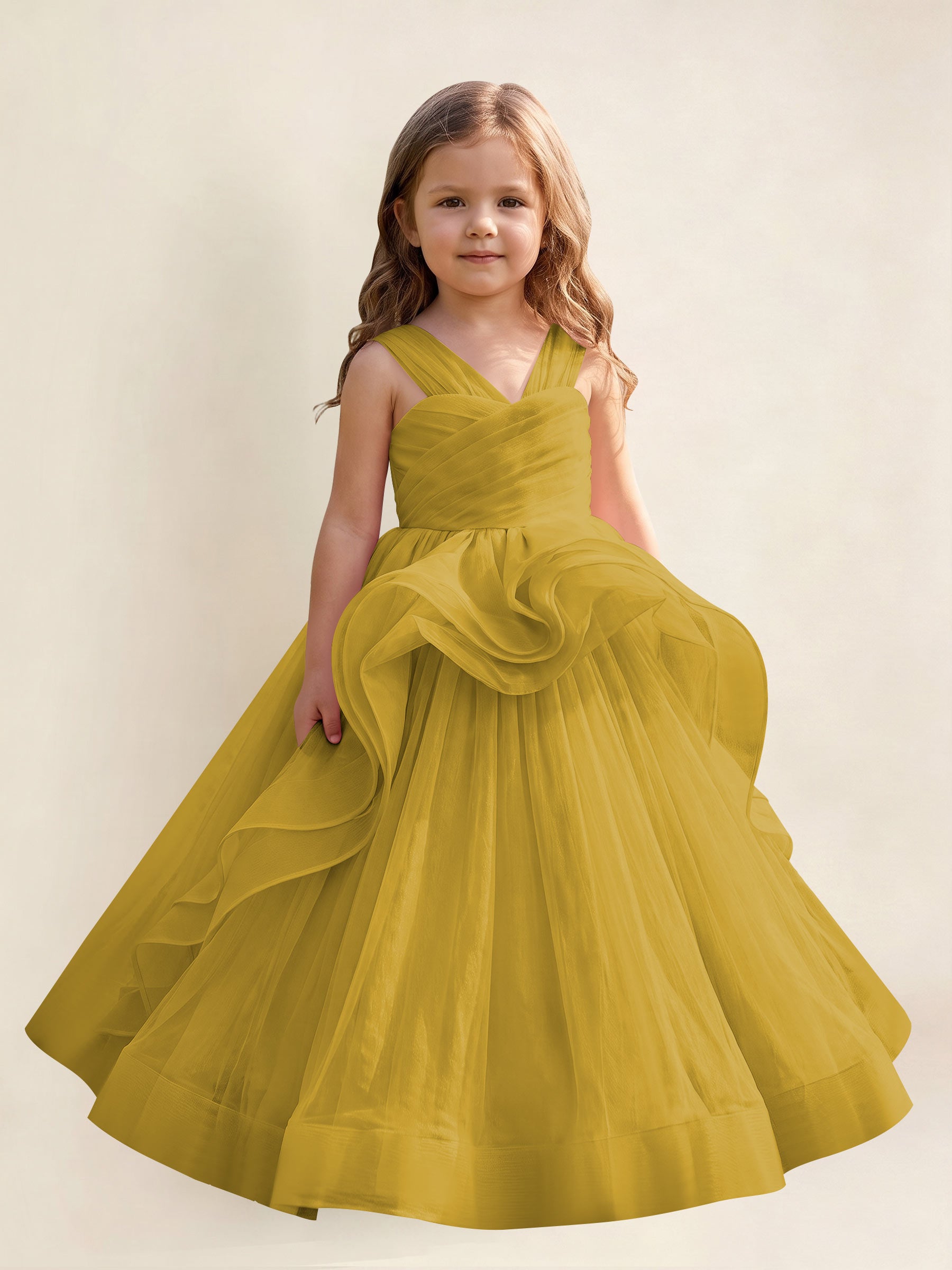 ROVDESY A-Line V-Neck Tulle Flower Girl Dress With Sleeveless Long Ball Gown Dress