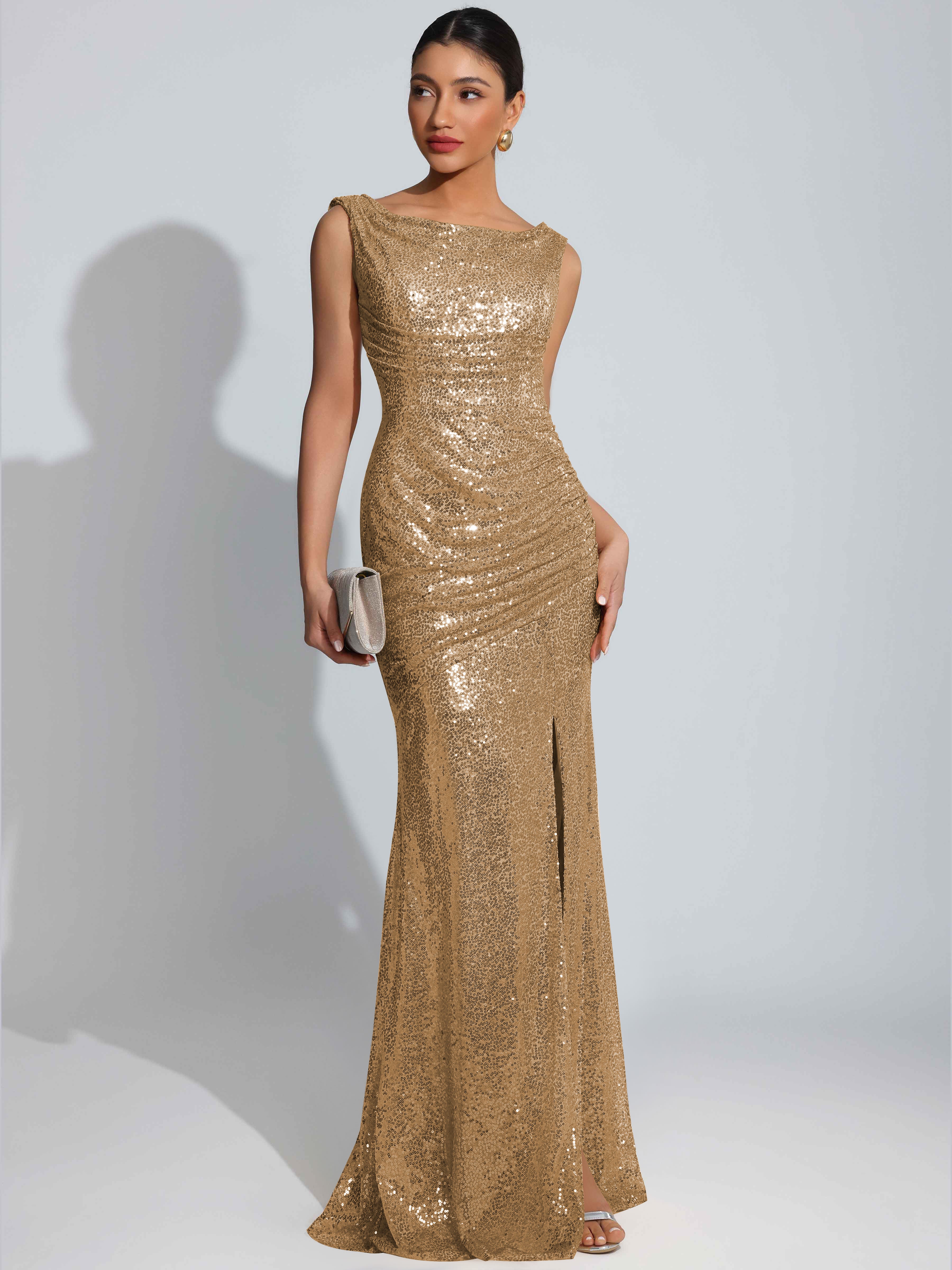 ROVDESY Sparkly Bateau Mermaid Ruched Sequin Long Prom Dress with Slit