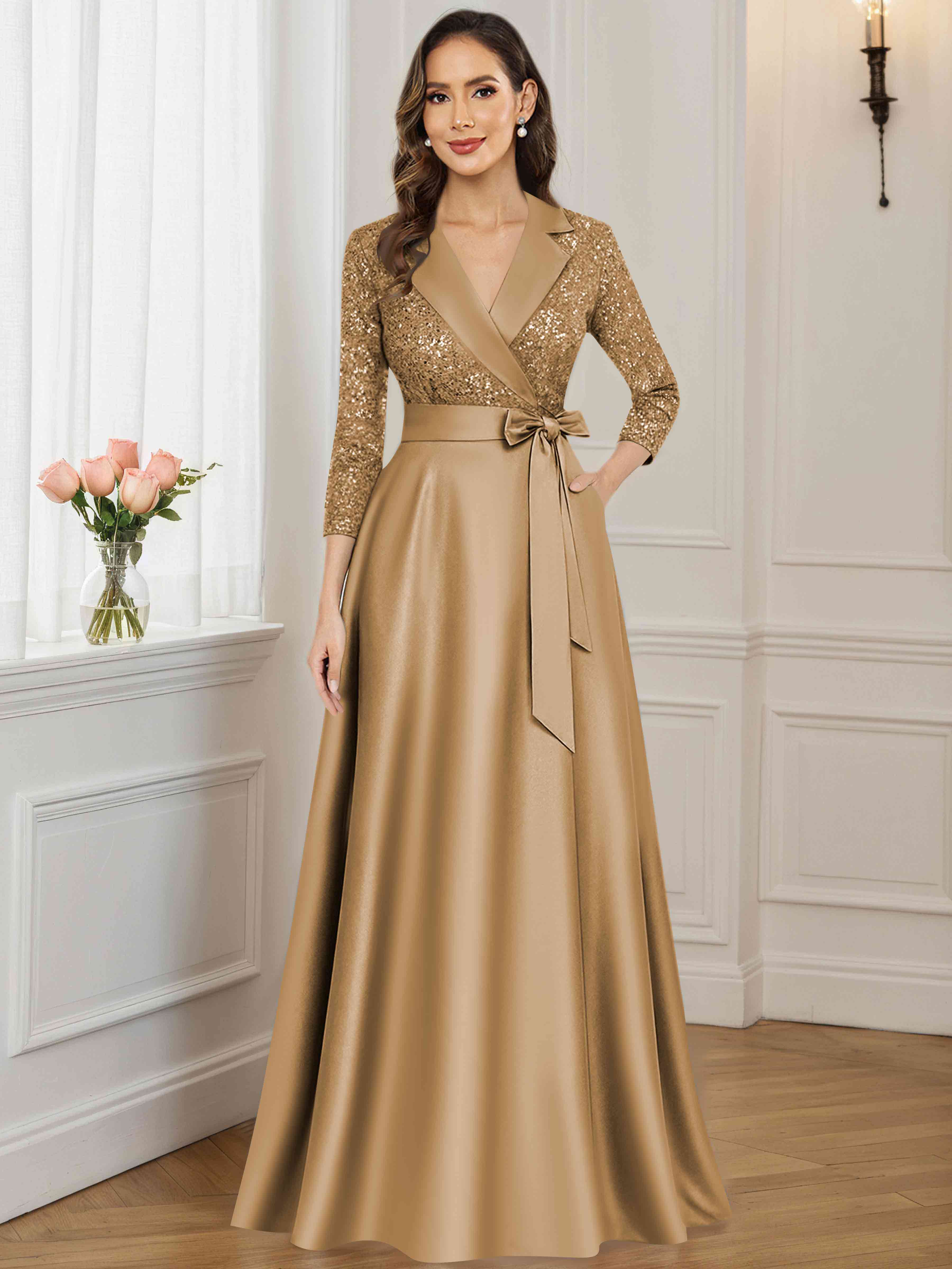 ROVDESY A-Line V Neck Sequin Satin  Long Mother of The Bride Dress Formal Gown With 3/4 Sleeves