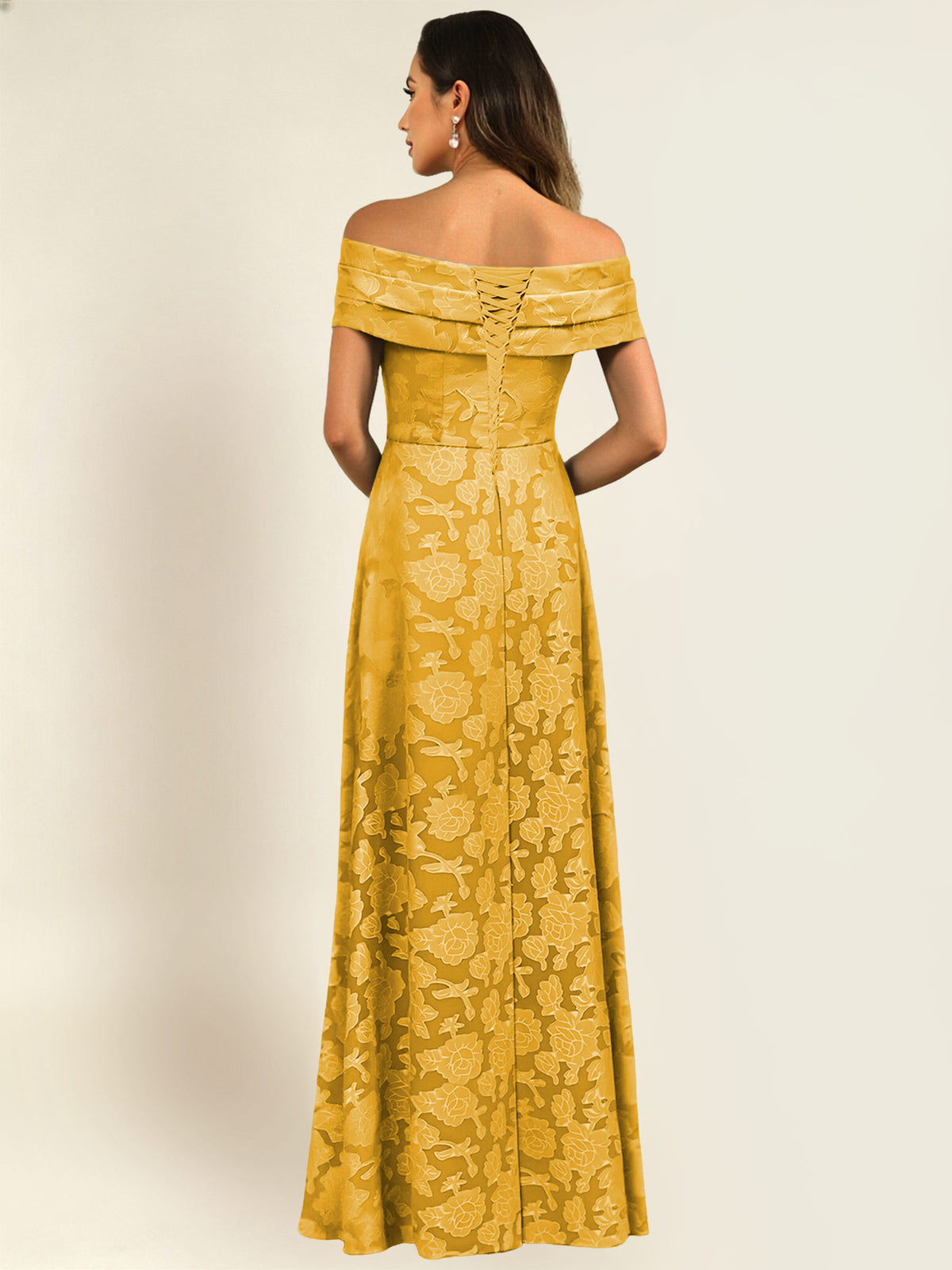 ROVDESY Off the Shoulder Floral Jacquard A-Line Long Mother of the Bride Dress