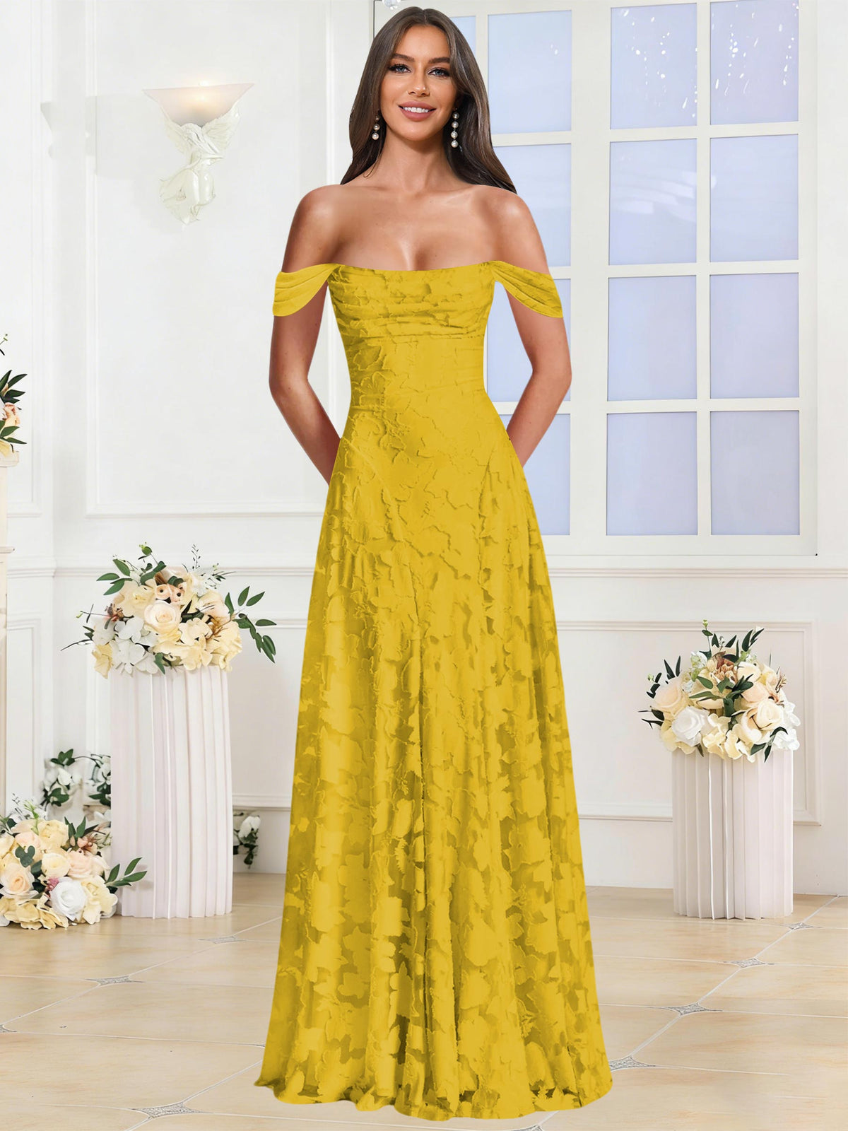 Off the Shoulder Floral Ruched A-line Bridesmaid Dress