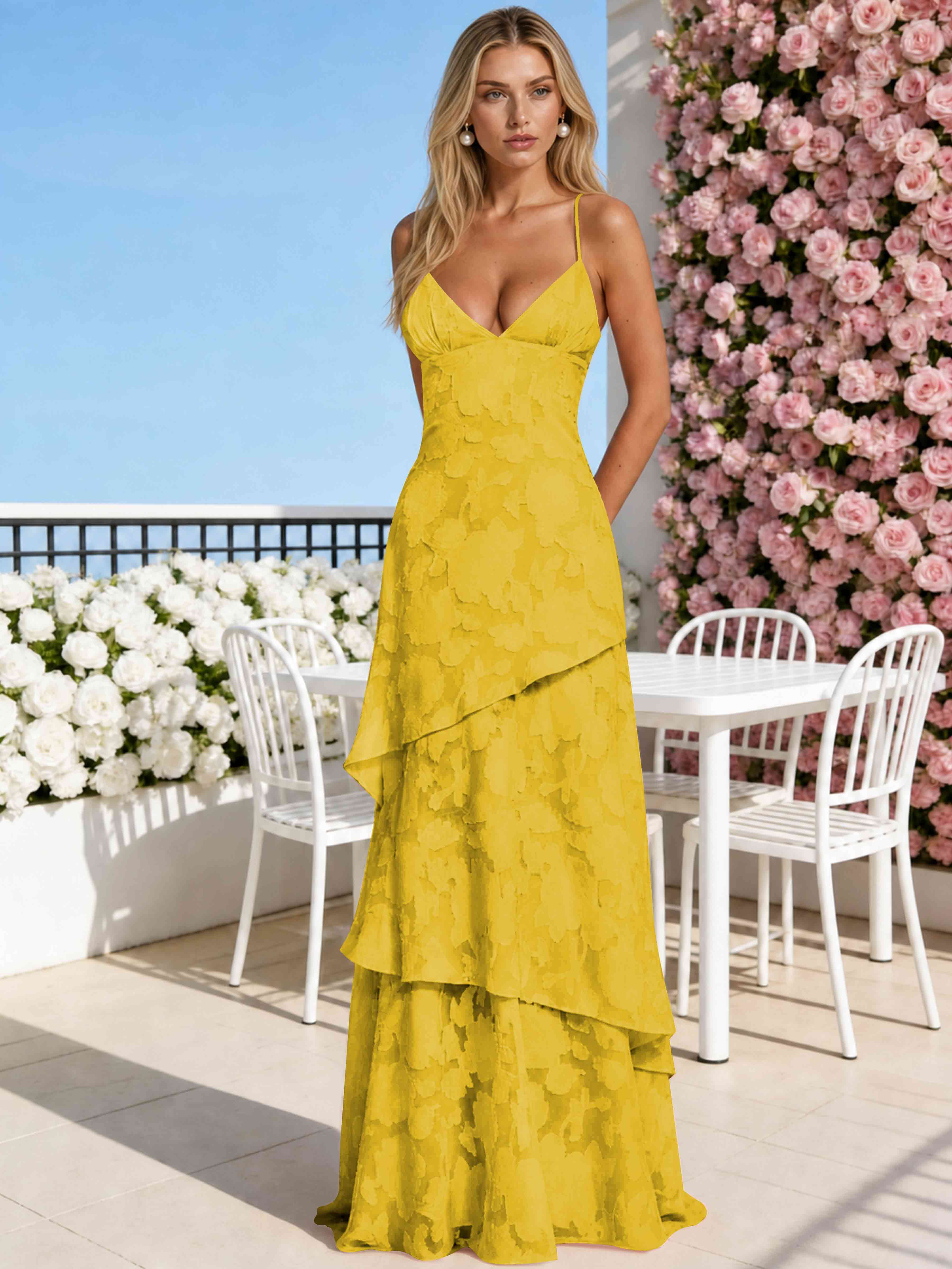 ROVDESY Spaghetti Strap V-Neck Chiffon Jacquard Tiered Ruffle Long Bridesmaid/Prom Dress