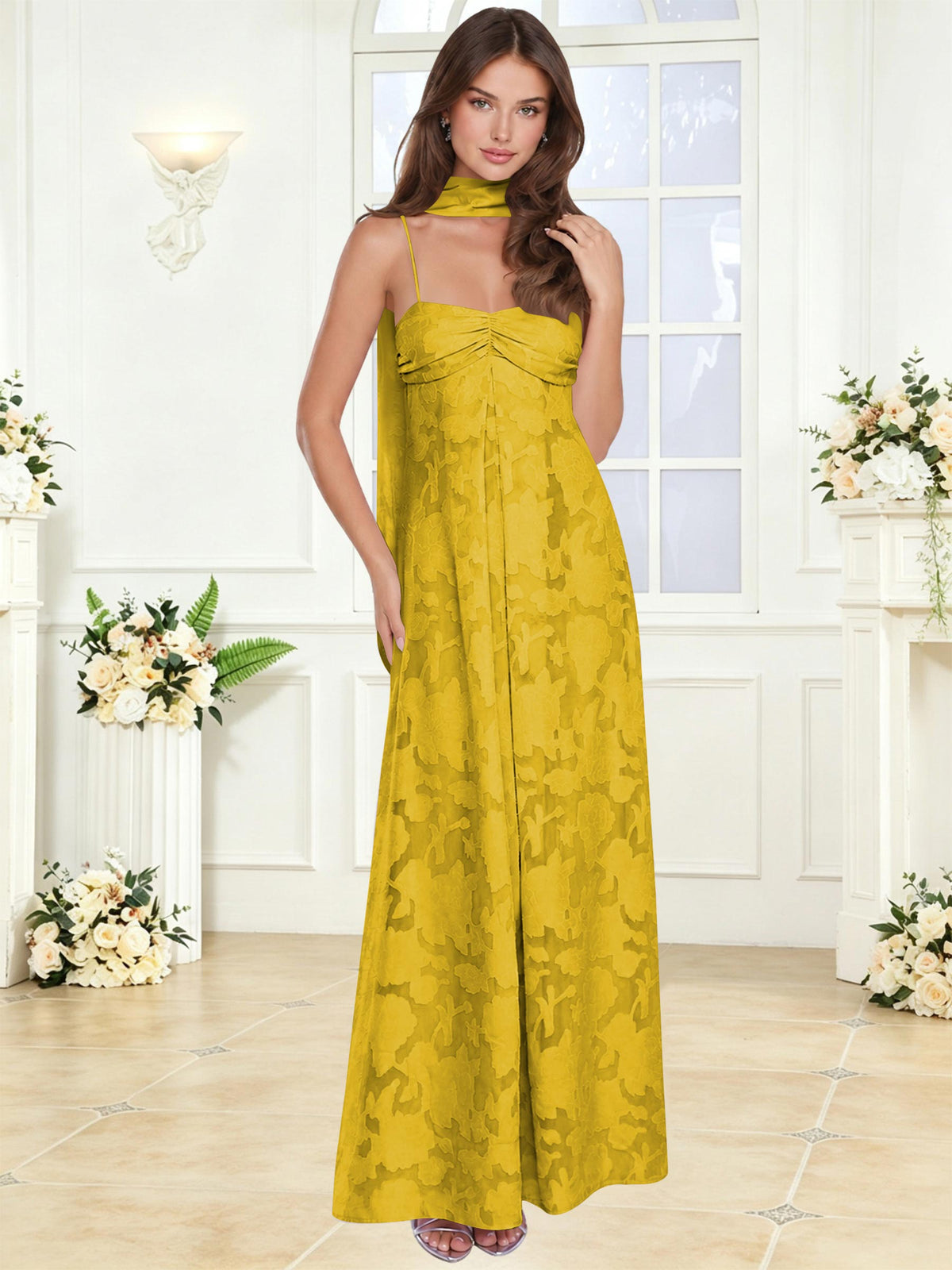 Spaghetti Strap Ruched Floral Jacquard A Line Bridesmaid Dress with Scarf