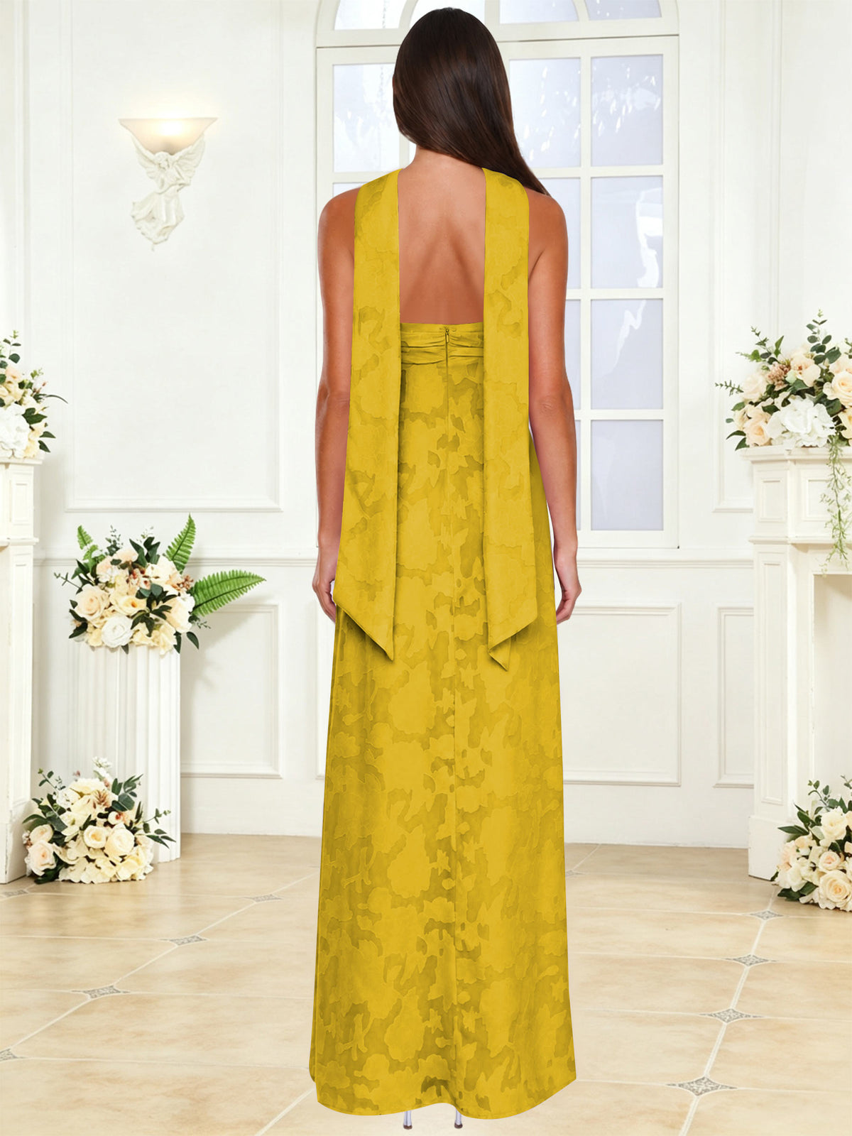 Spaghetti Strap Ruched Floral Jacquard A Line Bridesmaid Dress with Scarf