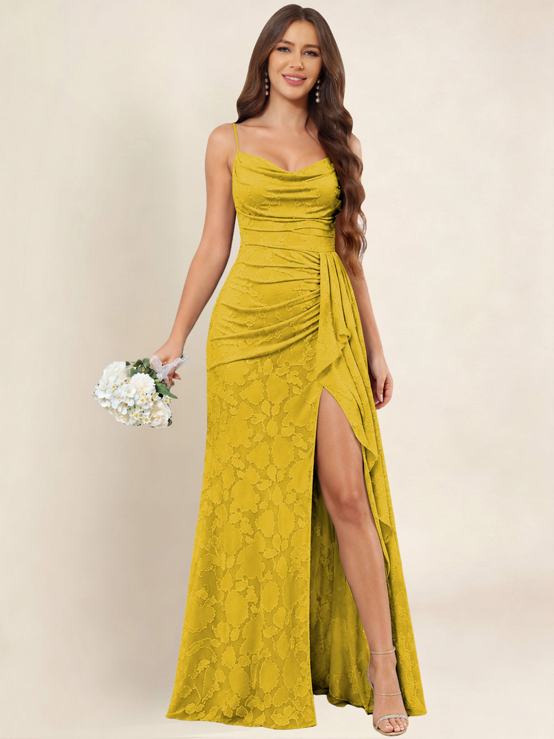 ROVDESY  Cowl Neck Ruffle Mermaid Chiffon Jacquard Bridesmaid/Prom Dress With Slit