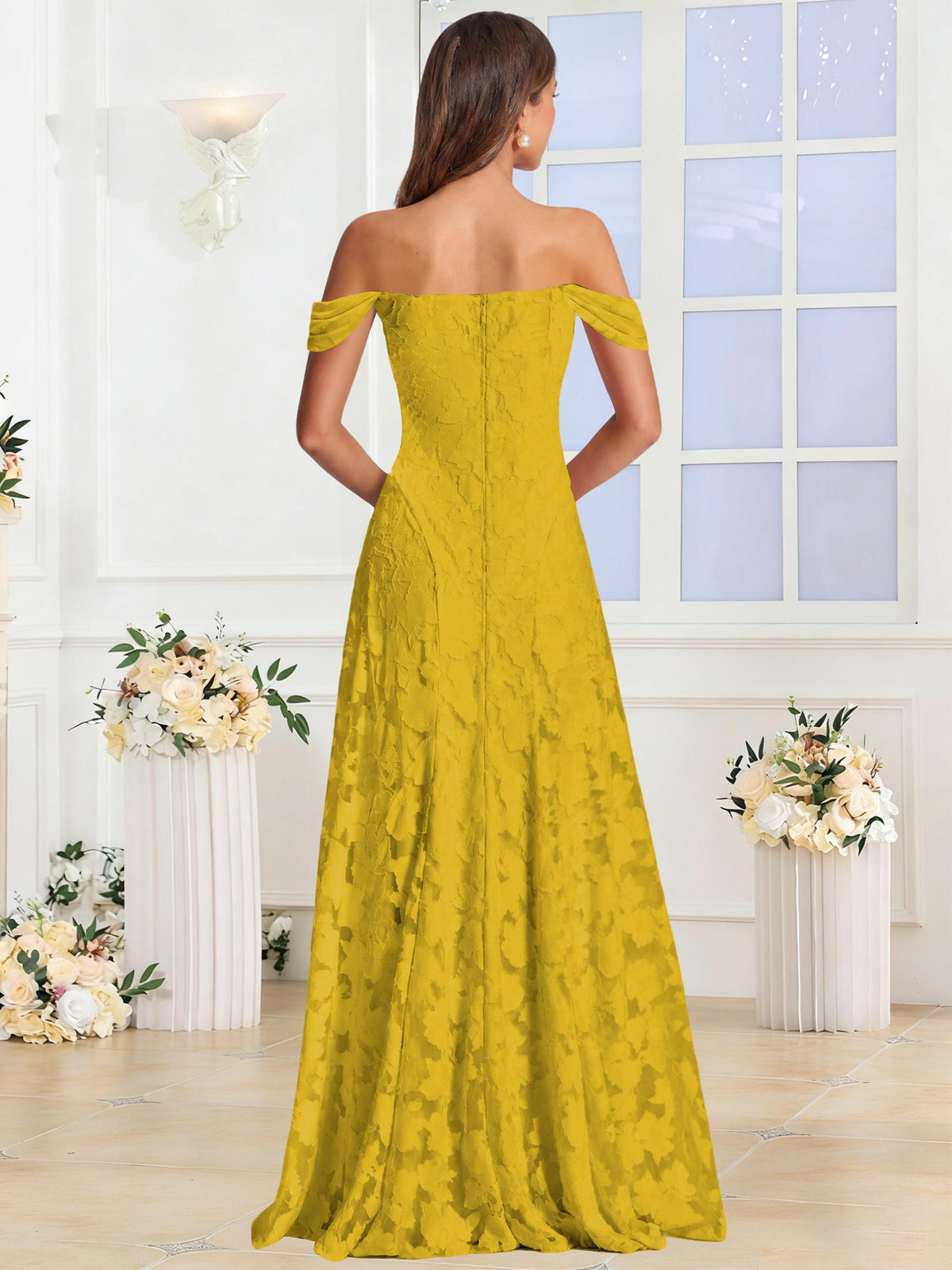 Off the Shoulder Floral Ruched A-line Bridesmaid Dress