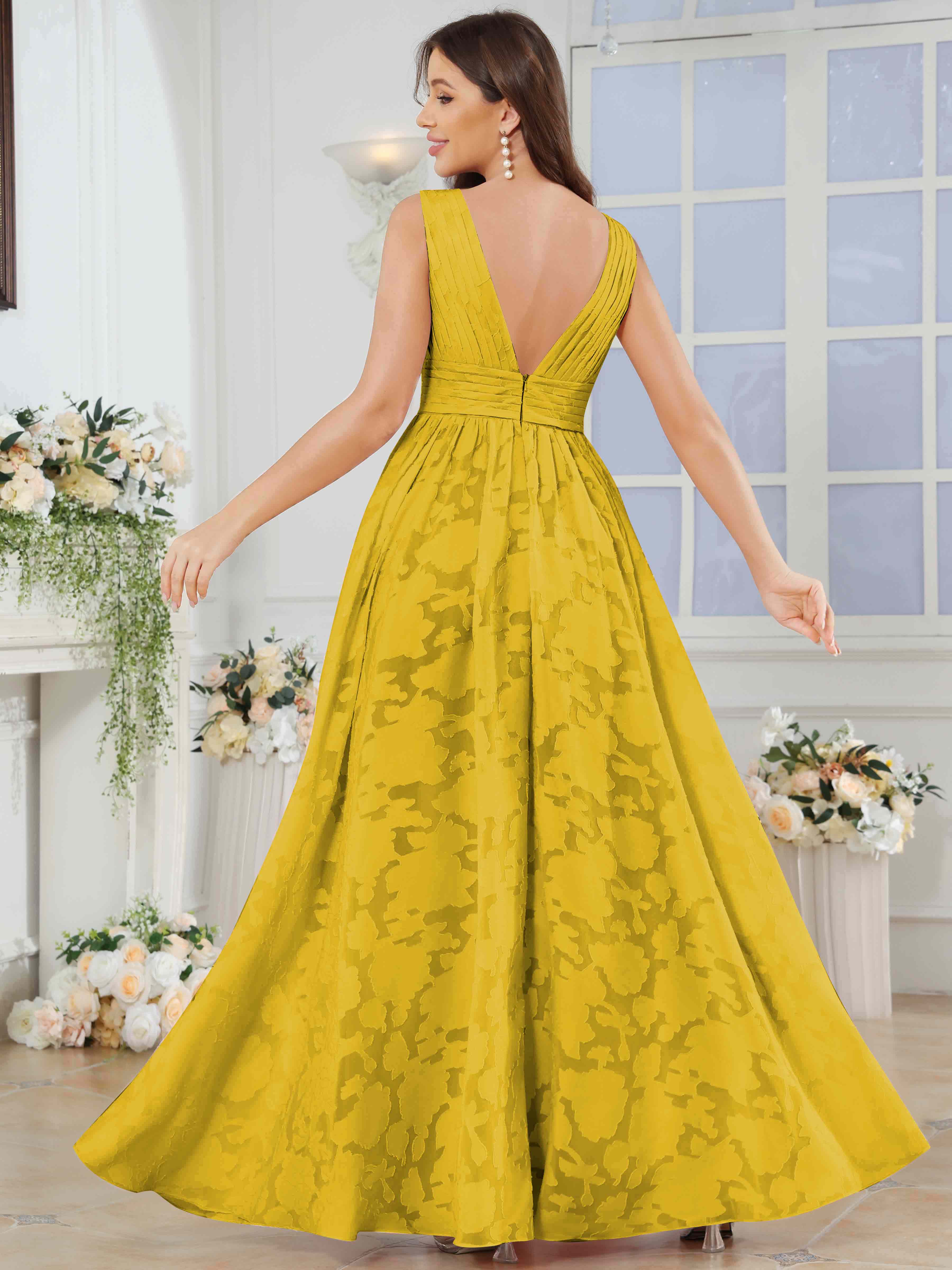 ROVDESY A-Line V-Neck Pleated Chiffon Jacquard Bridesmaid/Peom Dress With Slit