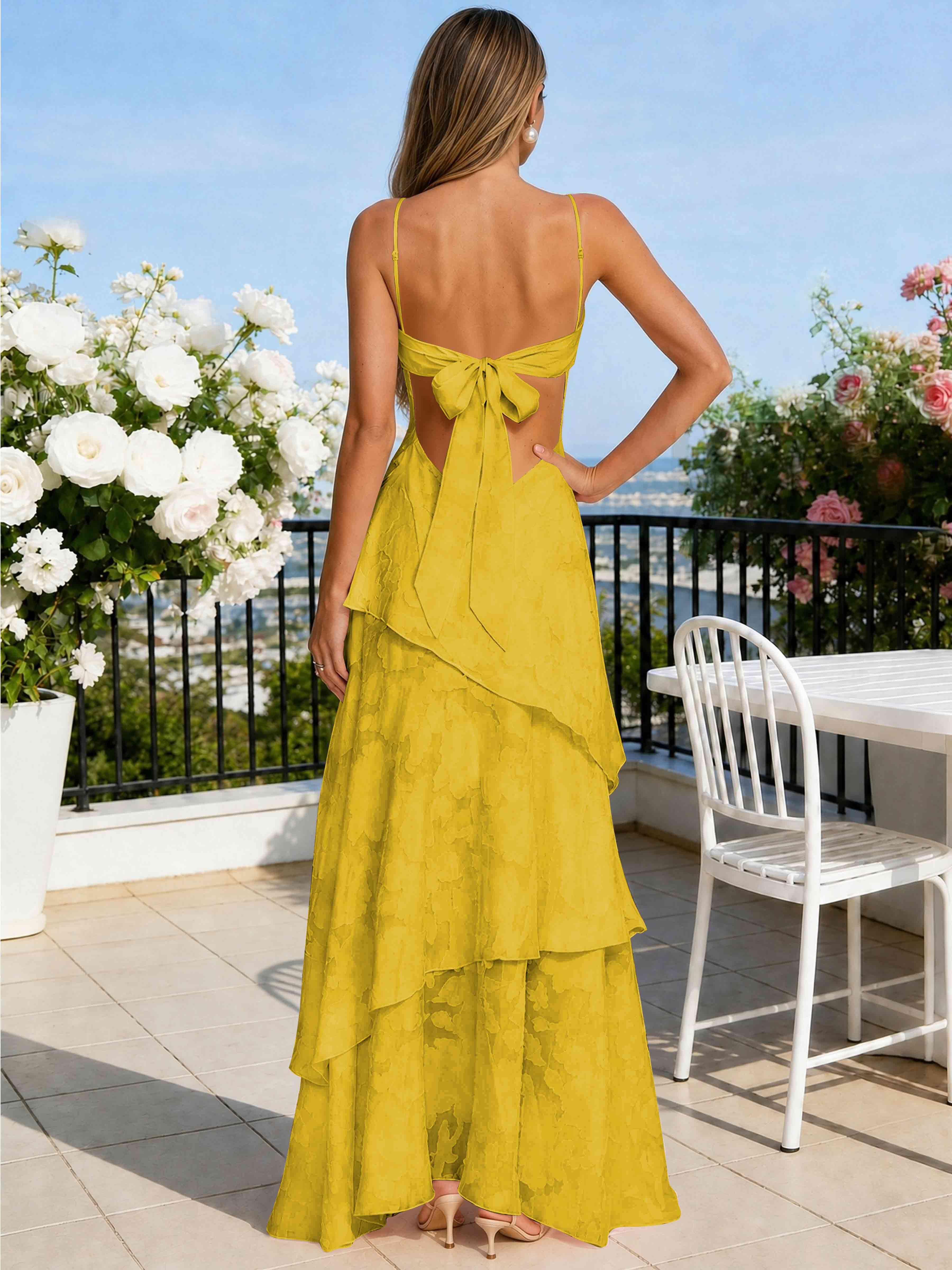 ROVDESY Spaghetti Strap V-Neck Chiffon Jacquard Tiered Ruffle Long Bridesmaid/Prom Dress